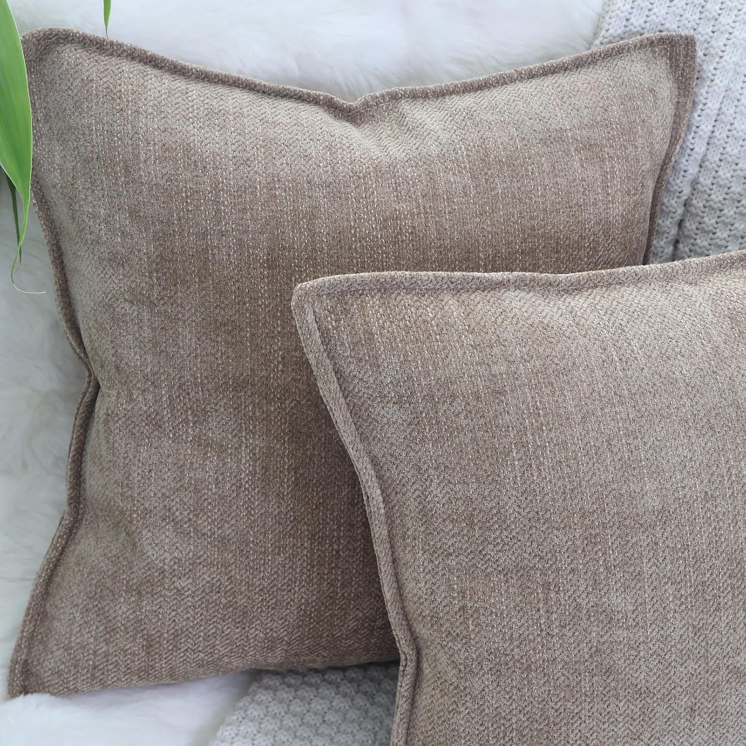 OYIMUA Soft Textured Decorative Throw Pillow Covers 20x20 Neutral Brown Chenille Square Accent Solid Cushion Cover Cozy Farmhouse Pillow Cases for Couch Sofa Bedroom Living Room