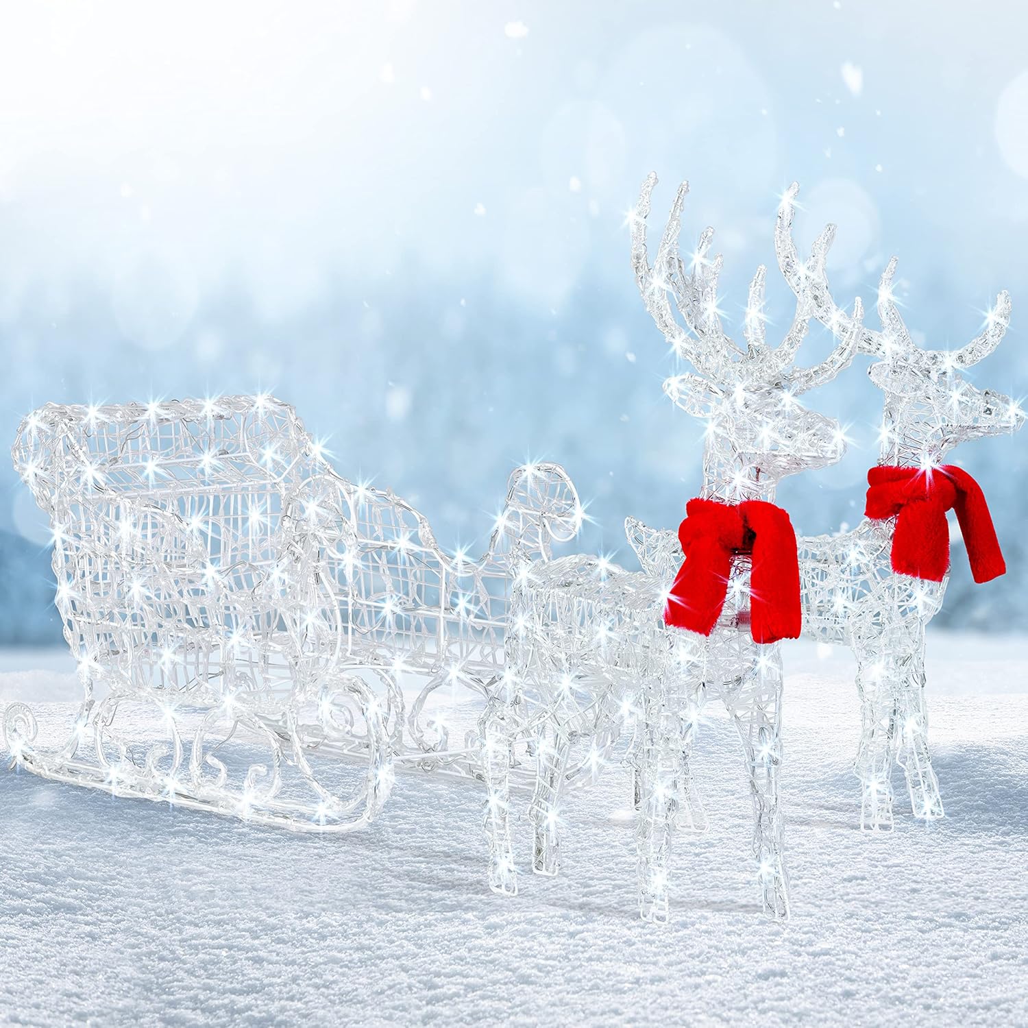 KESSER® 240er LED Rentiere mit Schlitten weiß Timer Inkl. 2X Dekoschal