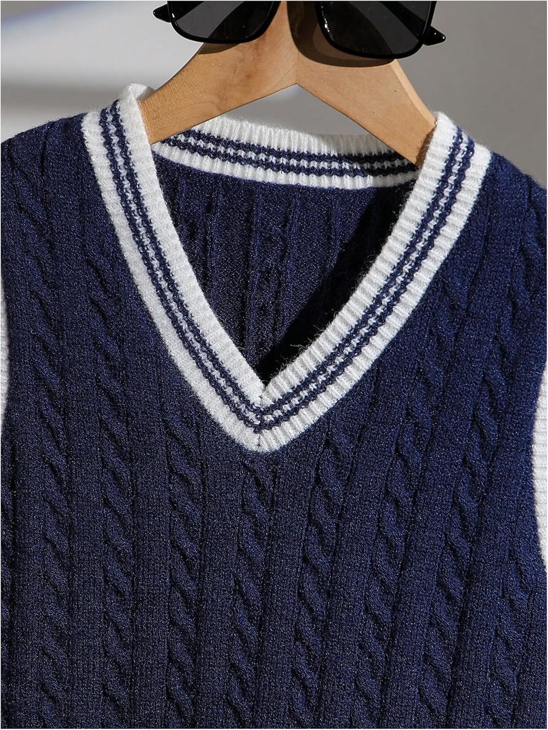 SOLY HUX Boy's Cable Knit Sweater Vest Striped Trim V Neck Sleeveless Casual Fall Tops - Image 3