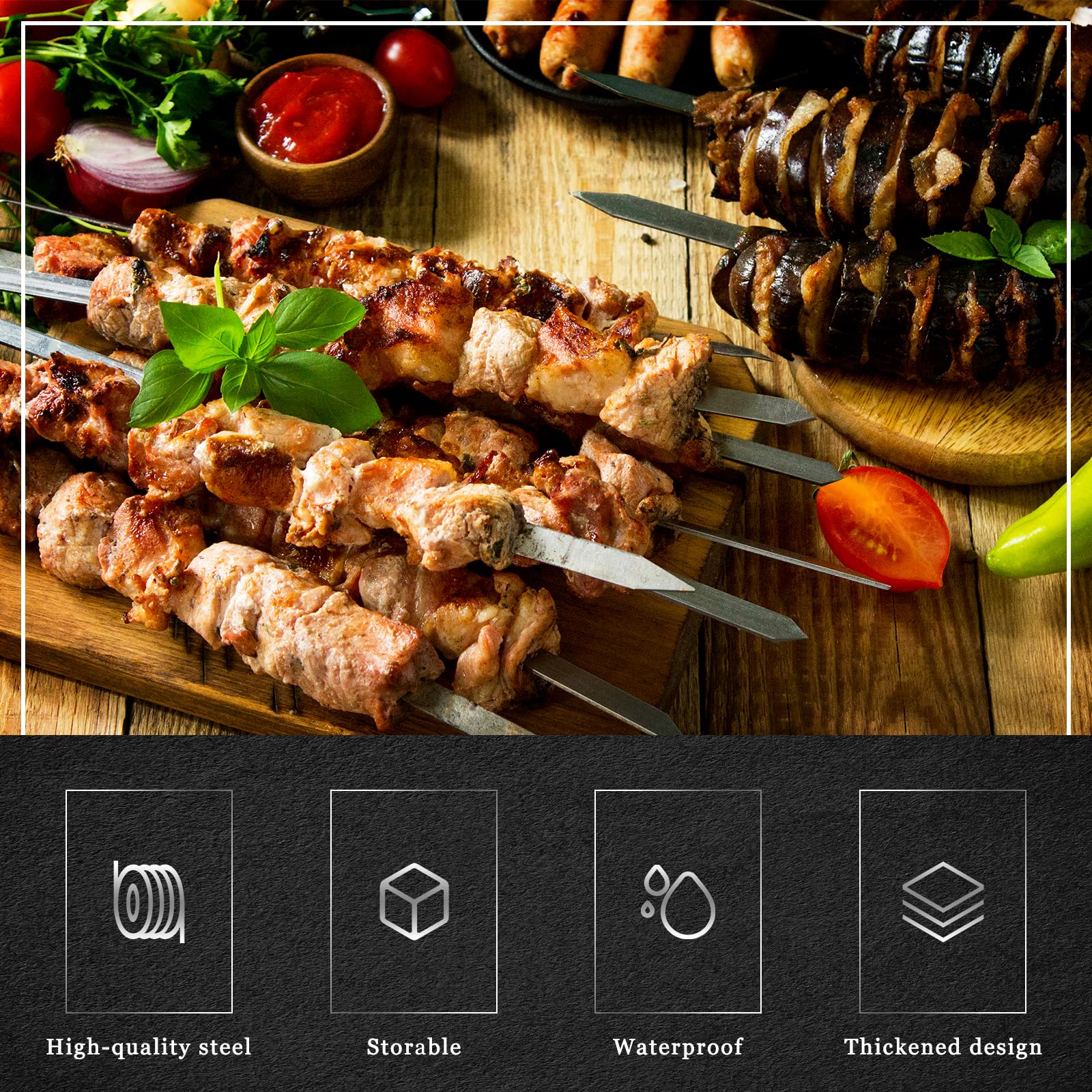 8 Pezzi Spiedini in Acciaio Inox con Manici in Legno, Spiedini di Carne Lunghi 55 cm, Spiedini per Barbecue Riutilizzabili, Accessori Barbecue per Utensili Barbecue