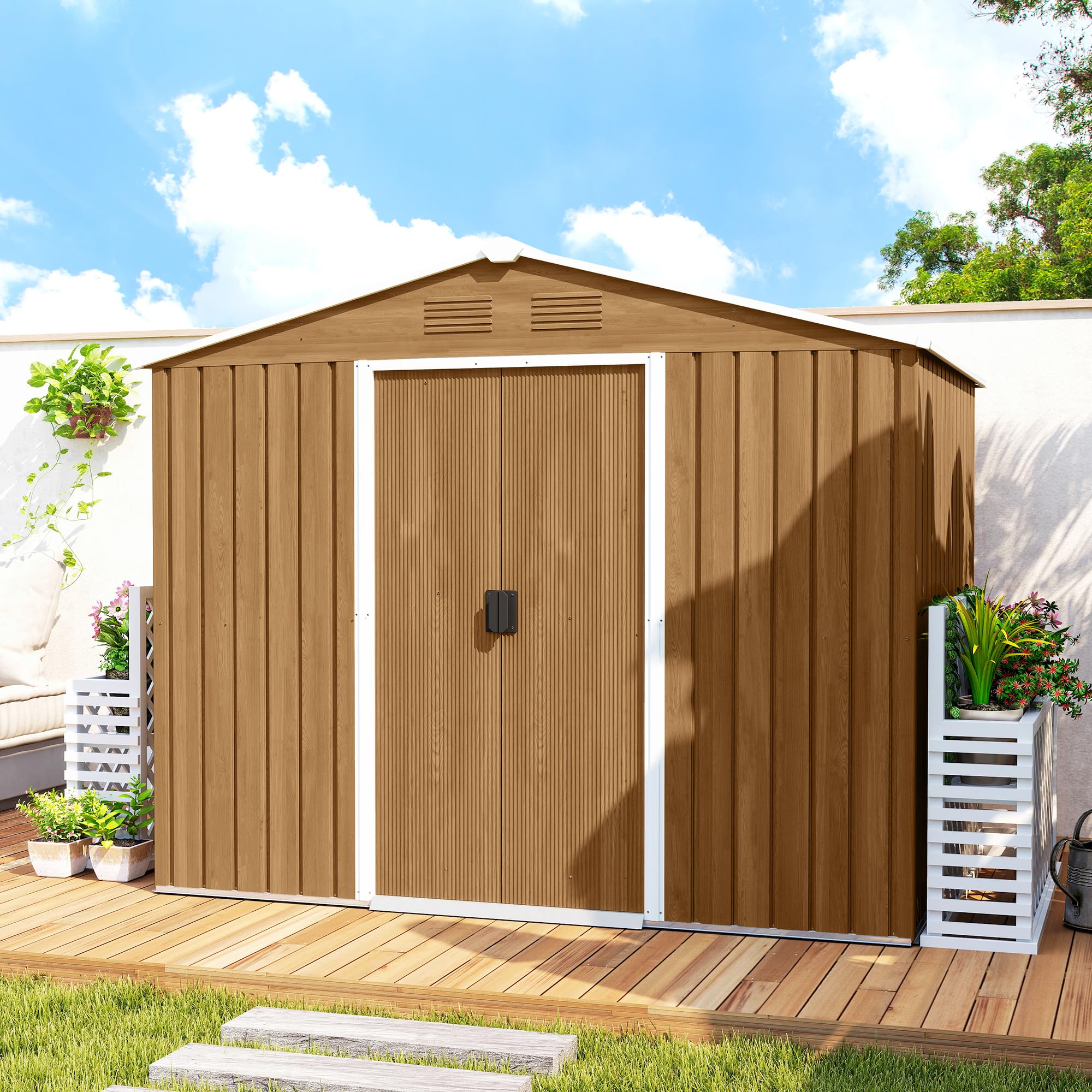 Outsunny Casetta da Giardino 3.6m² in Acciaio Zincato con Prese d'Aria, Capanno da Giardino con Doppia Porta Scorrevole Bloccabile, Tetto Inclinato, Capanno Porta Attrezzi, Marrone Scuro Effetto Legno