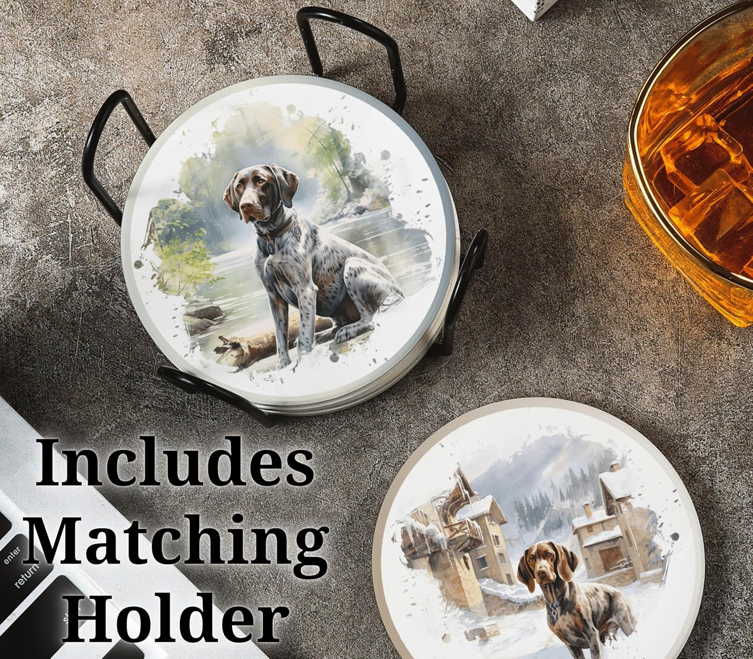 German Shorthaired Pointer Gifts, Ceramic Coaster, Set of 6, with Gift Box, Absorbent with Cork Base, Home Decor for Family, Housewarming, Thanksgiving, Birthday and Christmas