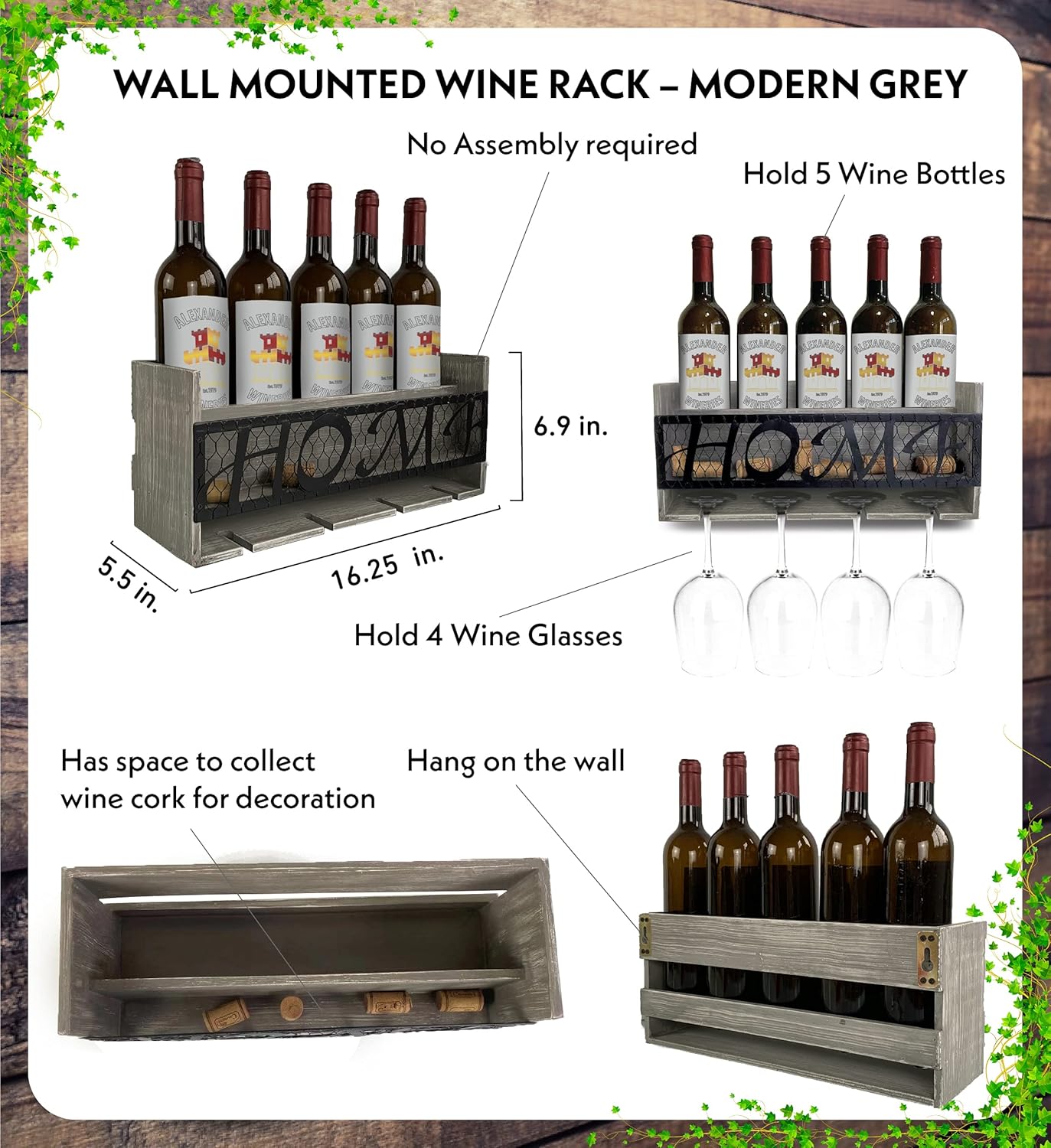 CoTa Global Modern Grey Wall Mounted Wine Rack - Wooden Wine Bottle Holder for 5 Bottles & 4 Wine Glasses with Cork Storage, Hanging Metal Home Sign & Organizer Wood Shelf for Wine Bar & Home Décor