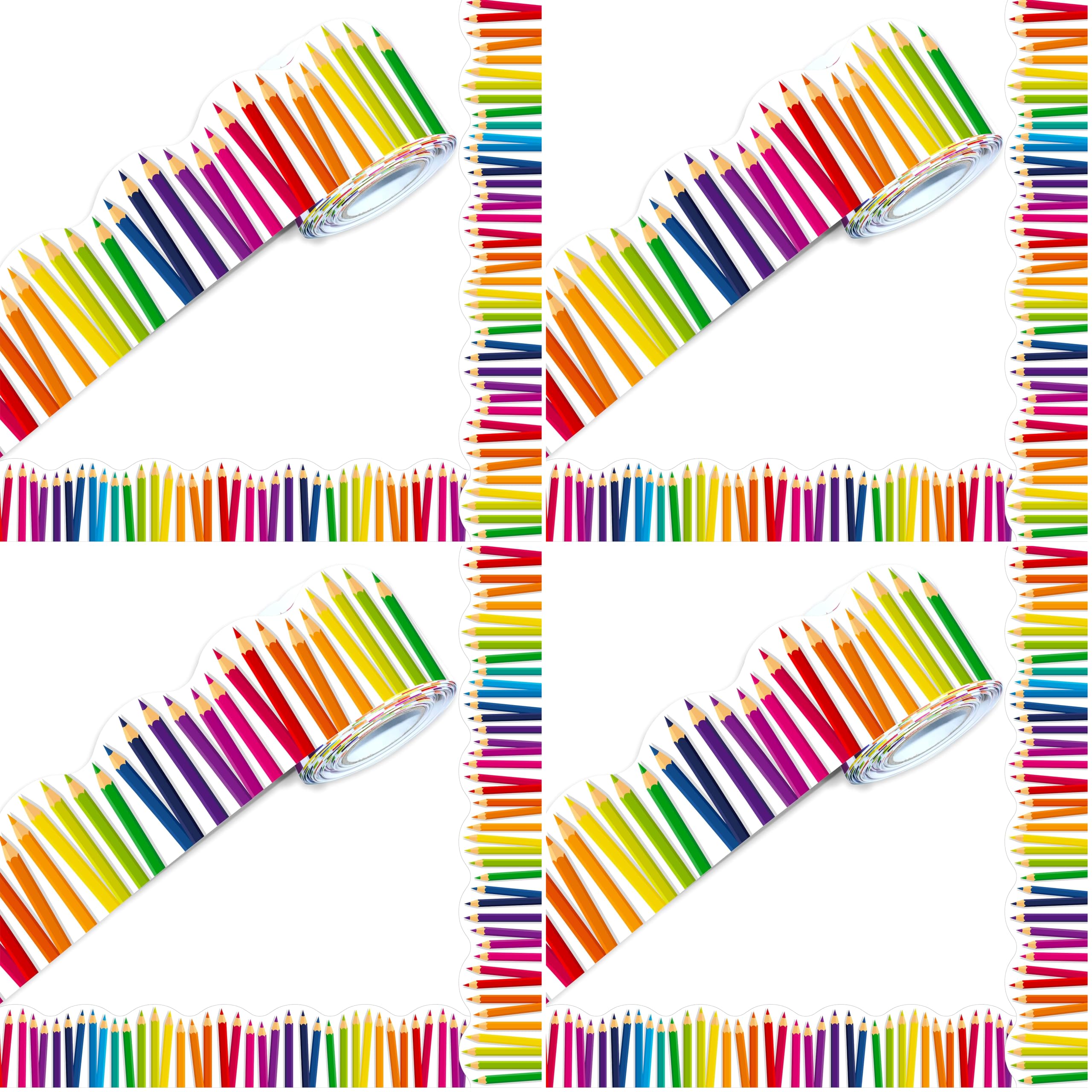60 Feet Bulletin Board Borders, Scalloped Rolled Border Trim with Pencil Patterns for School, Classroom &amp; Offices (Pack of 4)