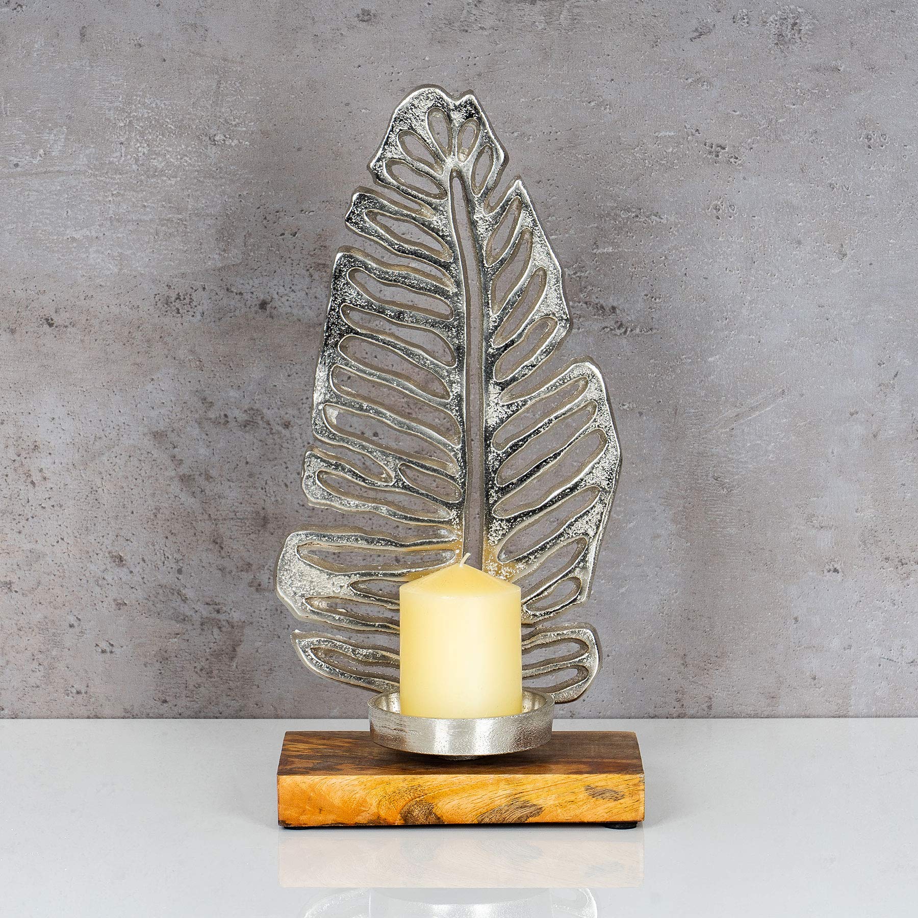 Levandeo Kerzenständer Aus Mangoholz & Metall – 35 Cm Hoch, Silberfarbenes Blatt-Design