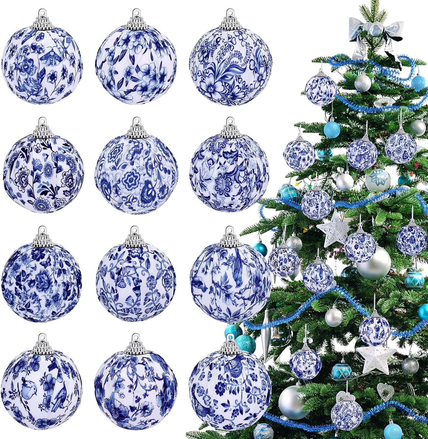 12 Pcs Chinoiserie Blue and White Balls Ornaments for Centerpiece Bowls Farmhouse Basket Tray Vases Decoration Gifts for Easter Basket Fillers Table Setting Spring Party, 3.15inch