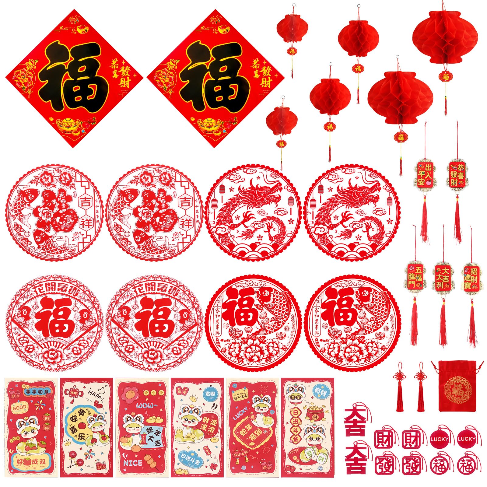 38PCS 2024 Chinese New Year Decorations, Lunar New Year Decor Red Paper-cuts Lanterns Dragon Red Envelopes Dragon Door Stickers Lucky Hanging Ornaments Window Stickers for Spring Festival Party Décor