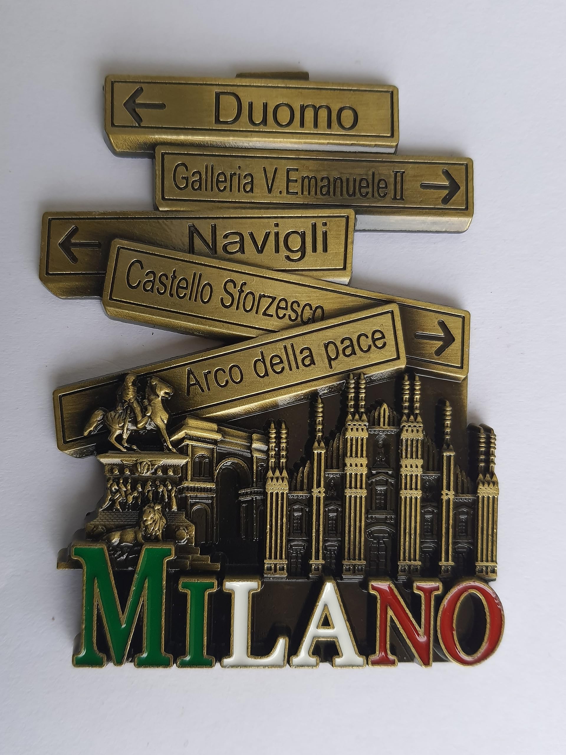 ADSPL-Store Fridge Magnet of Milano, Italy, Europe, Antique Gold Finish with Monuments and Milano and Signages in Big Letters, Dumo, Navigli, Metal Magnet 3.5x2.5 inches Approx