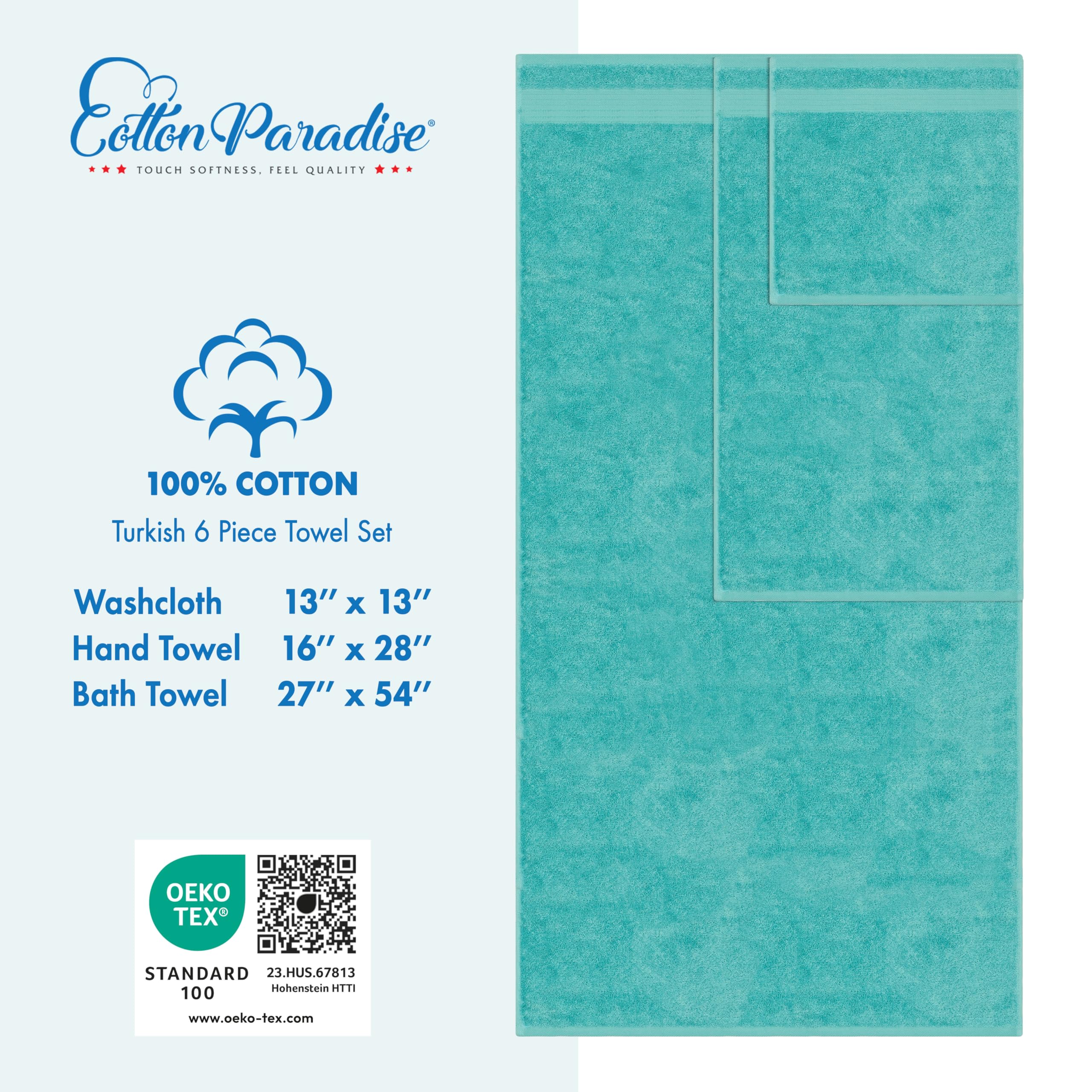 Cotton Paradise Juego de Toallas de 6 Piezas, 100% algodón Turco Suave y Absorbente para baño, 2 Toallas de baño, 2 Toallas de Mano y 2 paños, Juego de Toallas Azul Turquesa