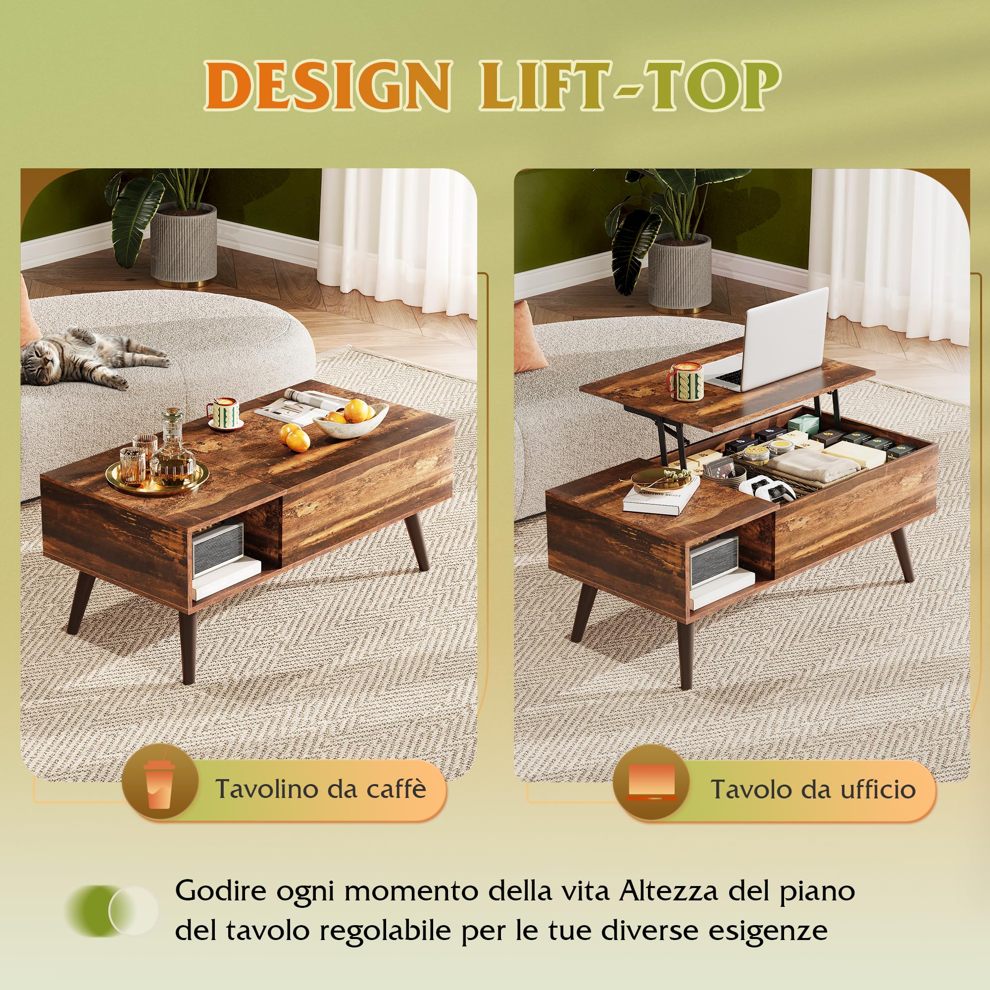 WLIVE Tavolino da Salotto Sollevabile,Tavolino da Caffè con Portaoggetti Nascosti e Scomparti Aperti, Trasformabile in Tavolo da Pranzo per Soggiorno, Ufficio,100 x 50 x 41-57cm Marrone