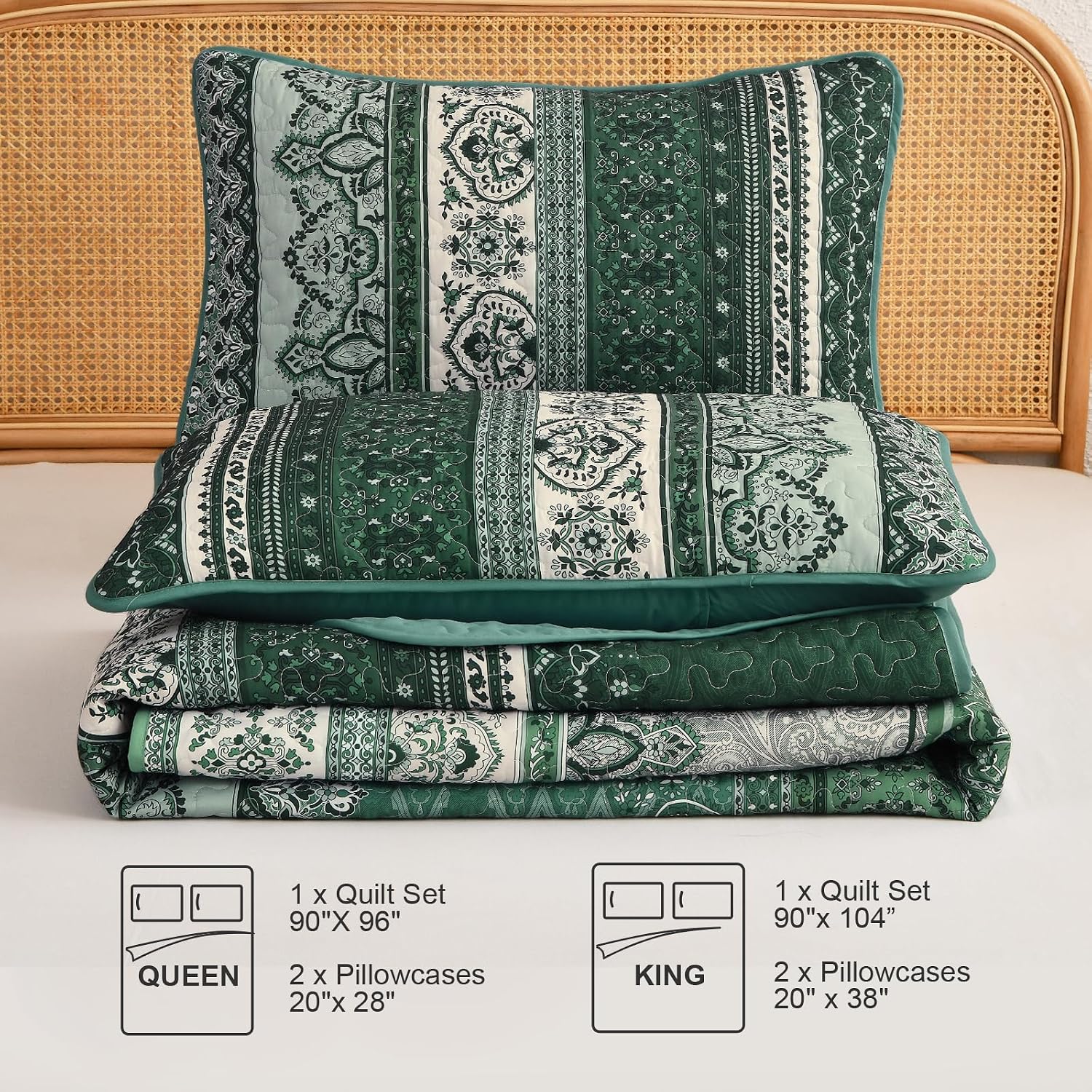 WONGS BEDDING Boho Quilt Set King Size, Green Quilts Bohemian Stripe Bedding Sets for All Season, Soft Lightweight Bedspread Coverlet Set with 2 Pillow Shams (King, 104"x90")