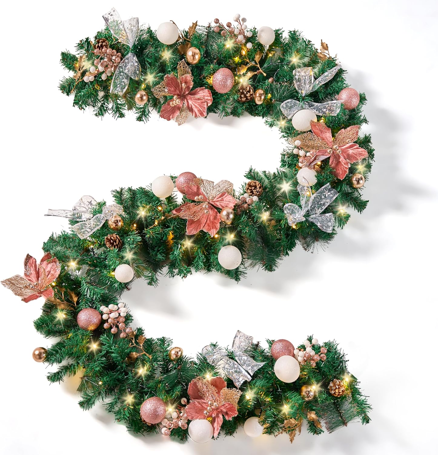 joiedomi 9ft christmas garland with 75 led lights, battery operated lighted garland with timer and ornaments, pre-lit garland for mantle for stairs, fireplace, xmas decorations outdoor indoor pink tree