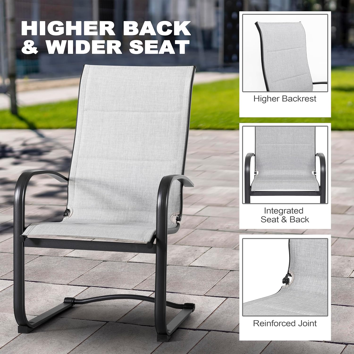 NUU GARDEN Padded Textilene Patio Dining Chairs Set of 2, C-Spring Patio Chairs with Curved Armrests, Powder-Coated Metal Frame Patio Furniture for Backyard Garden Poolside Lawn, Gray