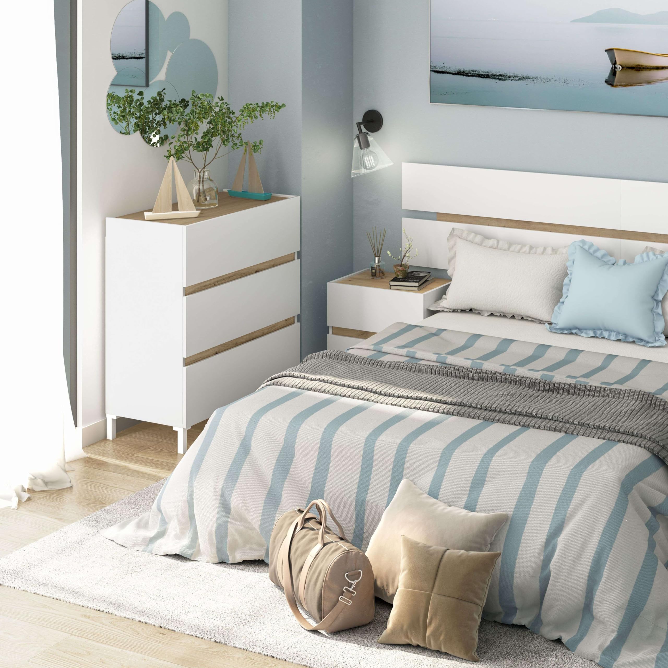 Habitdesign Cómoda de 3 Cajones Tempus con Patas | Mueble Cajonera Estilo Nórdico para Dormitorio | Color Blanco Artik y Roble Nodi, Medidas 91 x 79 x 41 cm