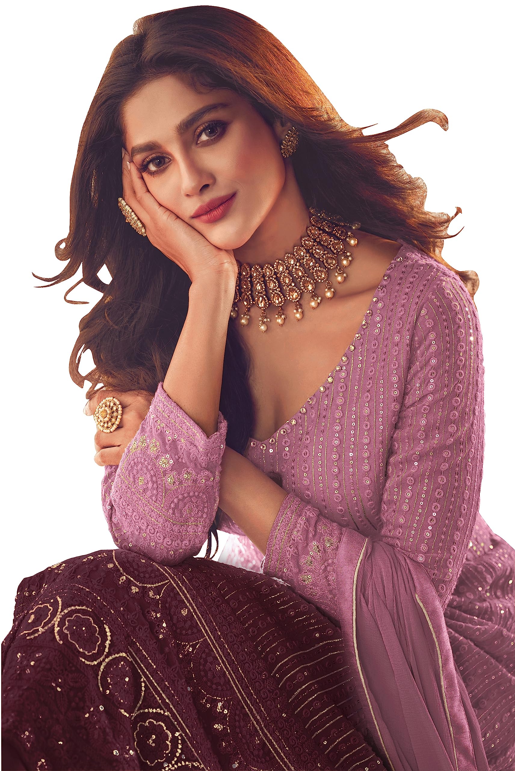 RUDRAPRAYAG Anarkali Georgette and santoon Suits for Women Floor Length | Maxi Gown for Festival Wear | Semi-Stitched Embroidered Gown for Women | Gown in Clothing & Lavender Free Size 2