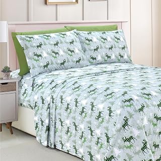 Elegant Comfort Luxury Soft Bed Sheets Holiday Pattern 1500 Premium Hotel Quality Microfiber - Softness Wrinkle and Fade Resistant (6-Piece) Bedding Set, Queen, Plaid Moose Green