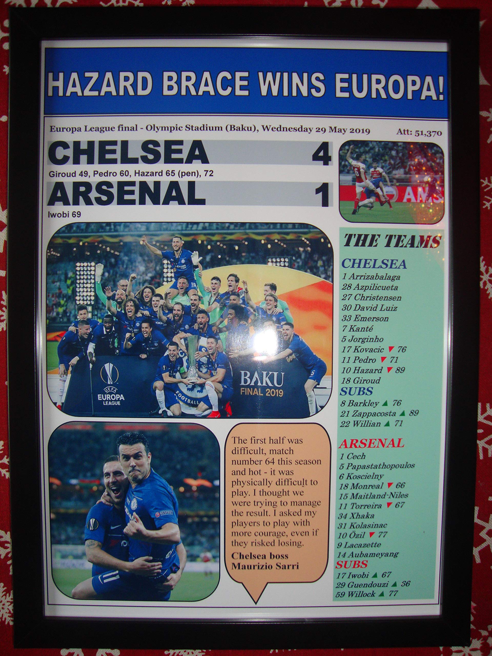 Sports Prints Uk Black Chelsea 4 Arsenal 1-2019 Europa League Final - Framed Print