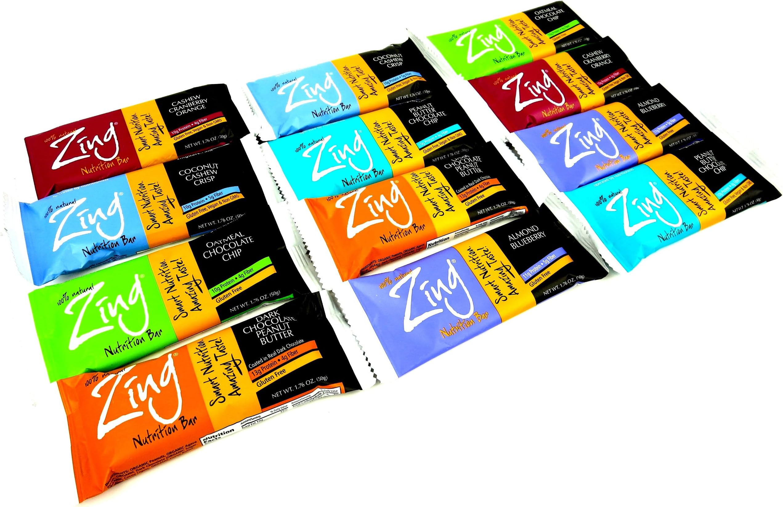 Zing Gluten Free Nutrition Bar 6-Flavor Variety Pack: Two 1.76 oz Bars Each of Cashew Cranberry Orange, Dark Chocolate Peanut Butter, Peanut Butter Chocolate Chip, Almond Blueberry, Oatmeal Chocolate Chip, and Coconut Cashew Crisp