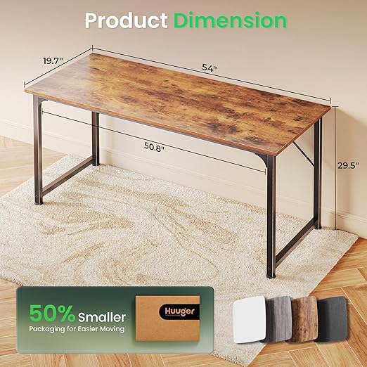 Huuger Computer Desk, 55 Inch Home Office Desk, Gaming Writing Work from Home Study Desk, Large Legroom, Sturdy Metal Frame, Modern Simple, Rustic Brown thumbnail 2