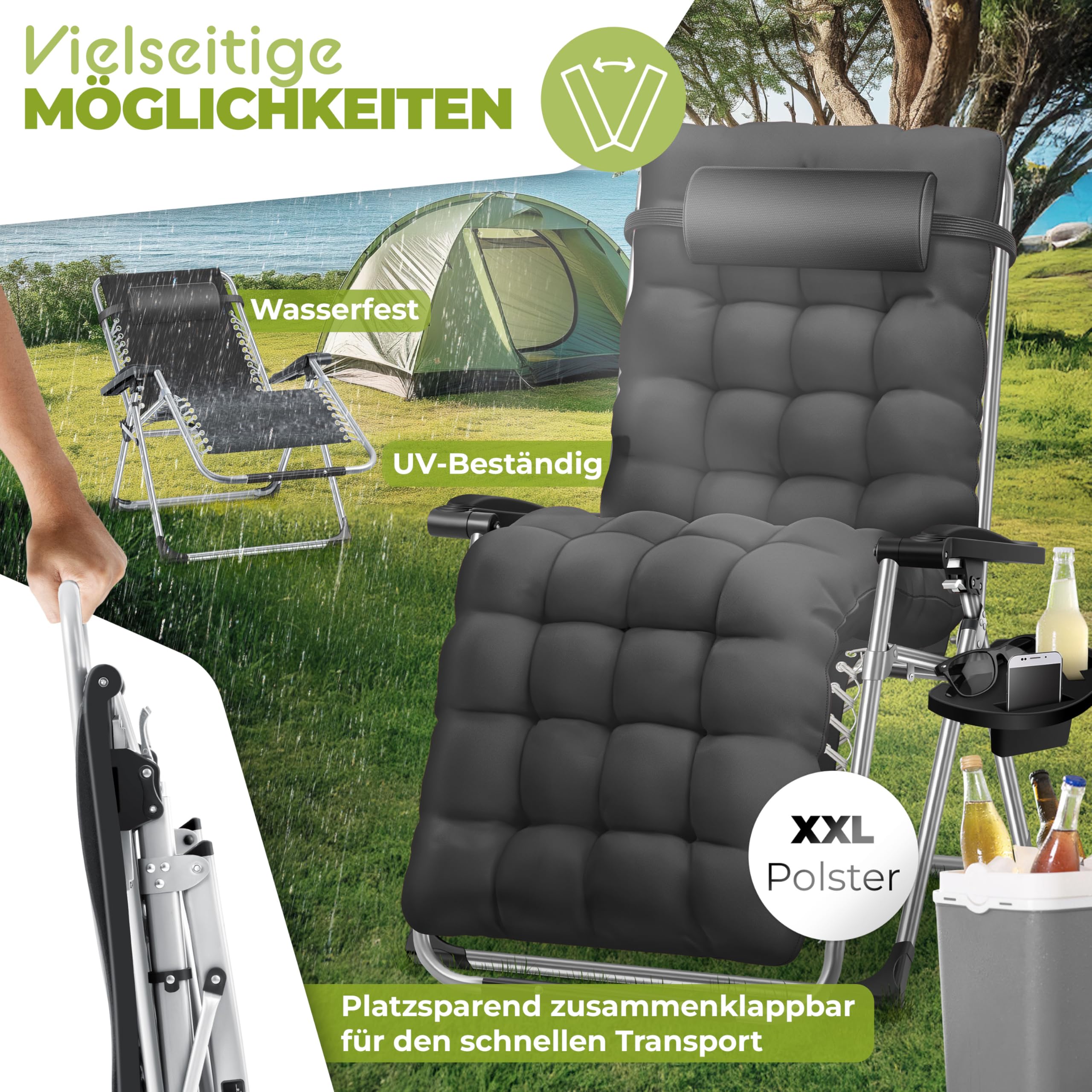 KESSER® Tumbona Plegable y Resistente | Silla de Jardín, Capacidad de 200 kg, Acolchado Ergonómico Extra Ancho, Respaldo Ajustable, Almohada para el Cuello y Portavasos