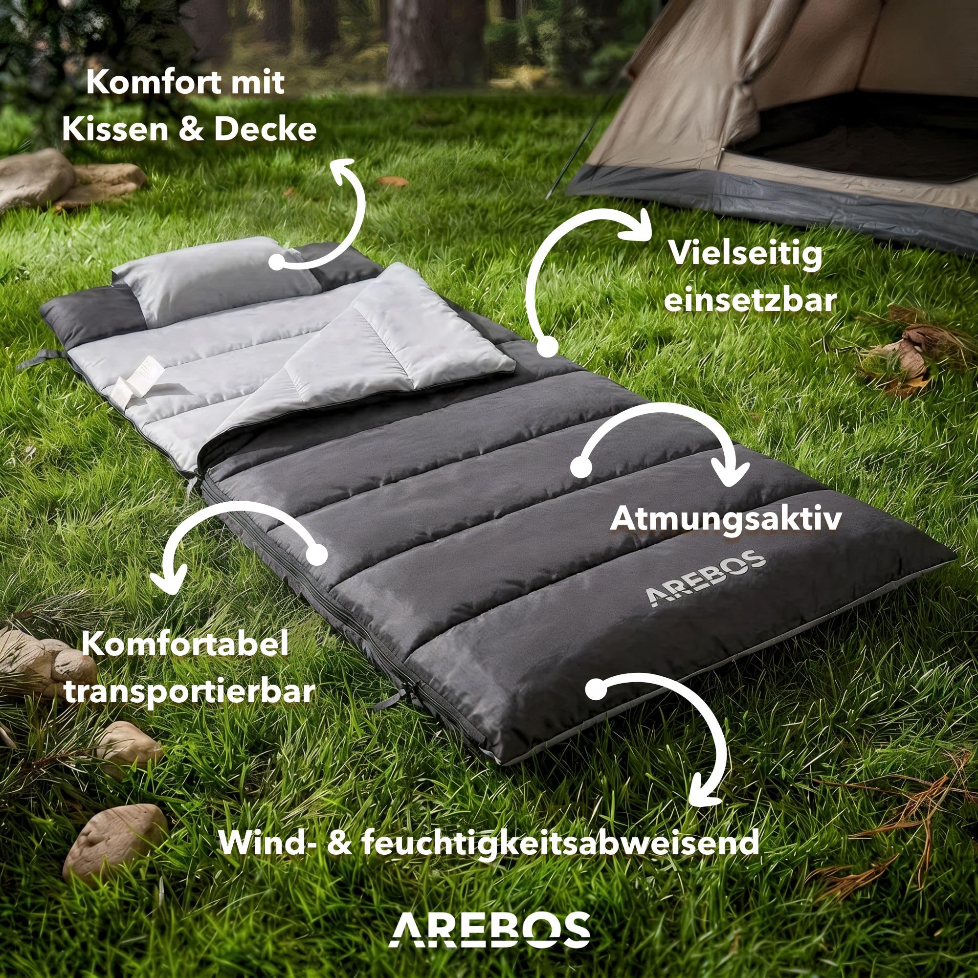 Arebos Schlafsack mit Kissen & Fleecedecke | Deckenschlafsack Erwachsene 220x83 cm | Camping Schlafsack | 0-25°C | wasserabweisend | inkl. Kompressionssack