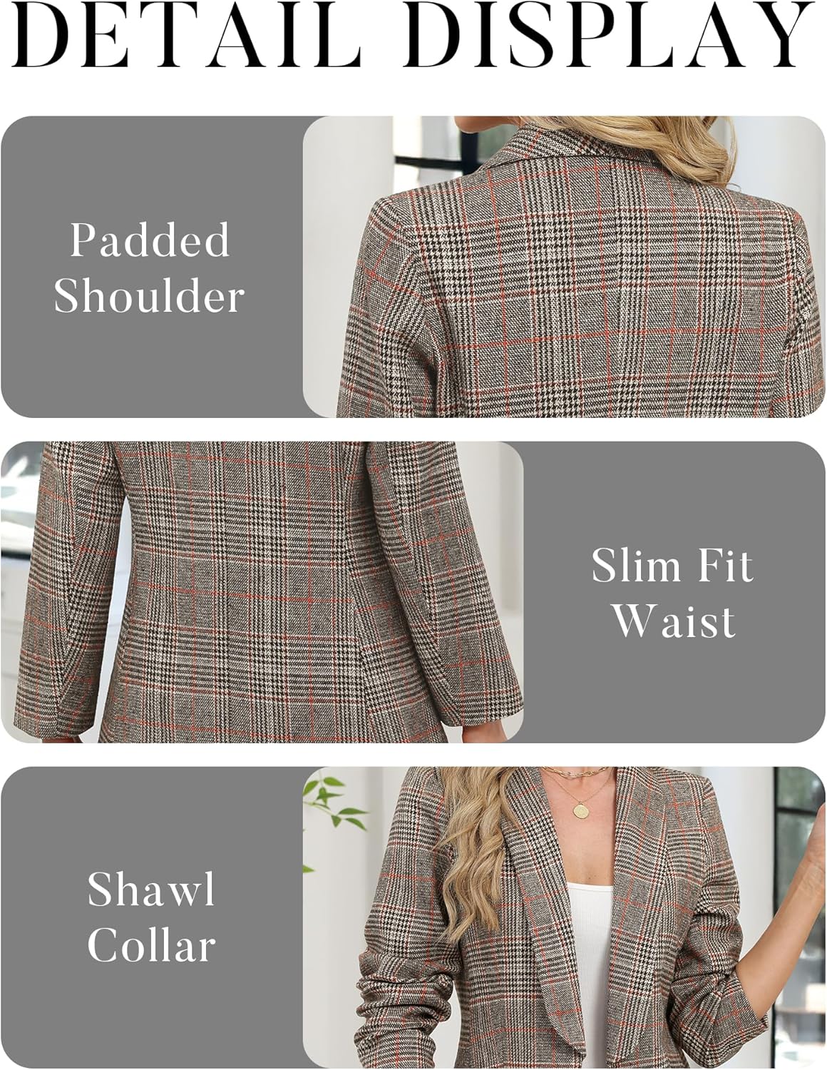 ELLEVEN Women's Shawl Collar Plaid Boyfriend Blazer,Business Casual Open Front Houndstooth Work Office Suit Jackets - Image 5