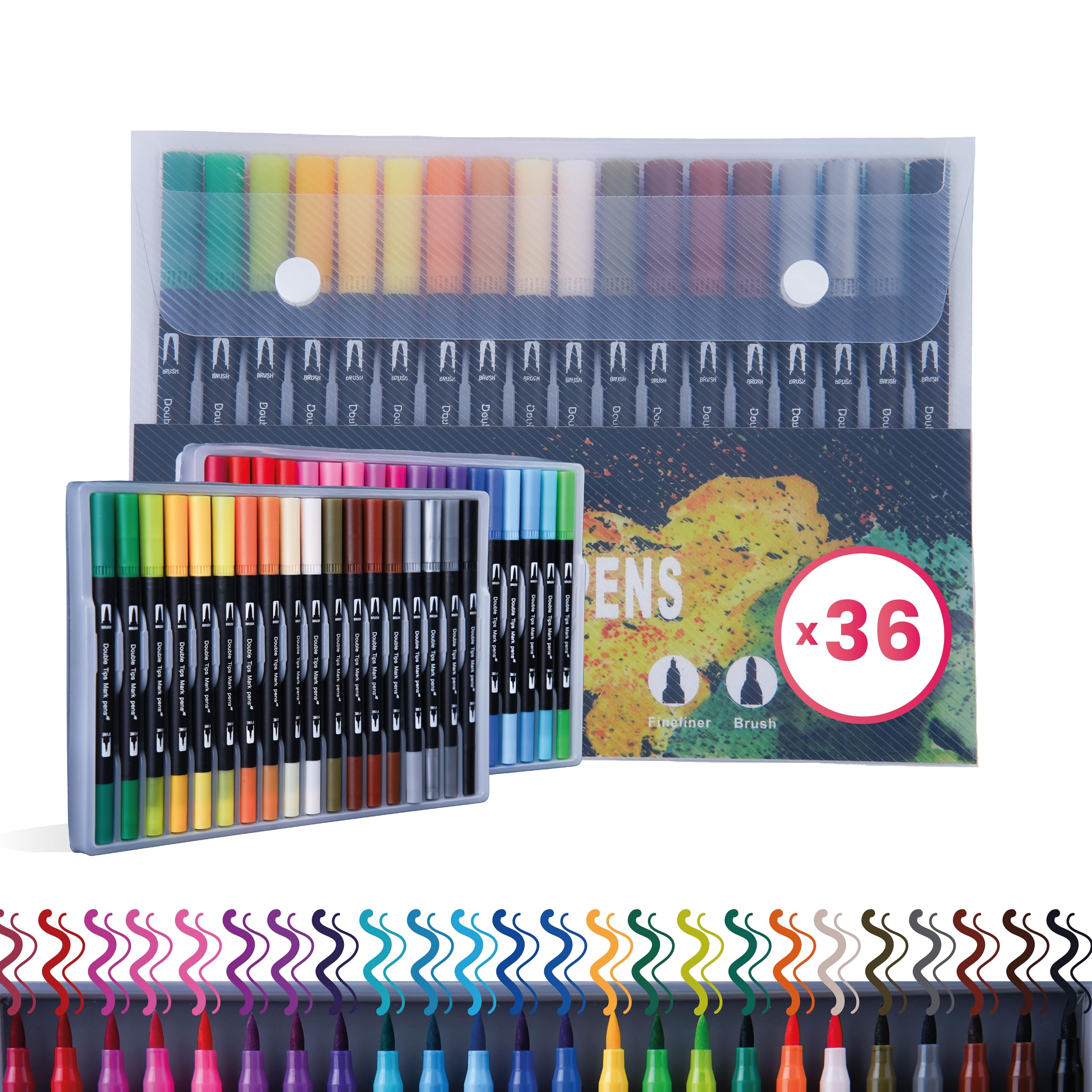 Felicidadyhogar |rotuladores lettering doble punta - Pack 36 - doble punta - punta pincel - mandalas adultos - caja rotuladores profesionales - rotulador pincel