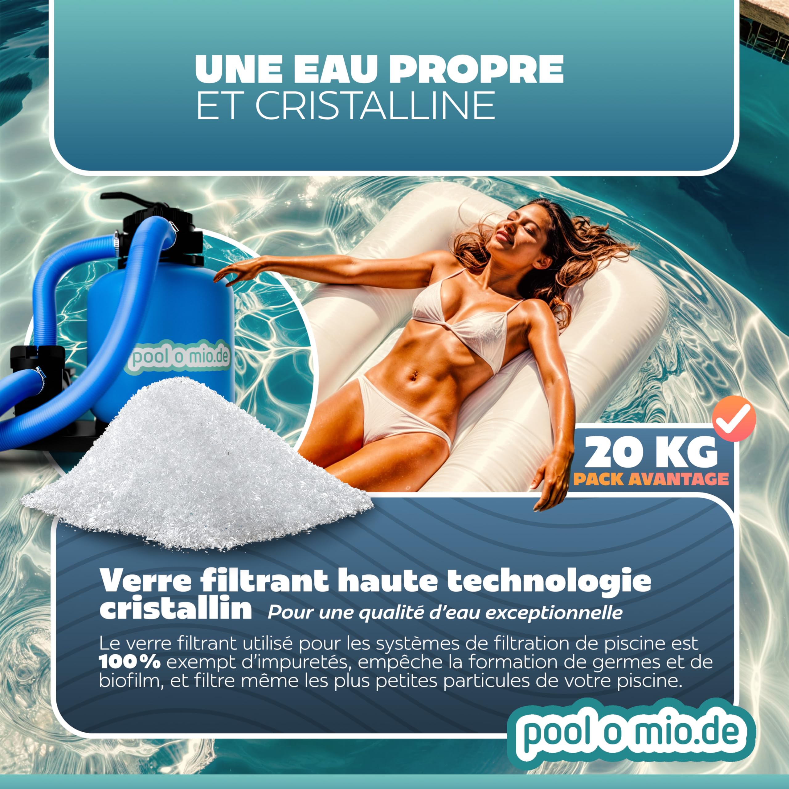 Nature Works Hi-Tech Verre filtrant 20 kg Sable de Piscine, Blanc Cristal, Billes de Verre Ø 0,8 mm