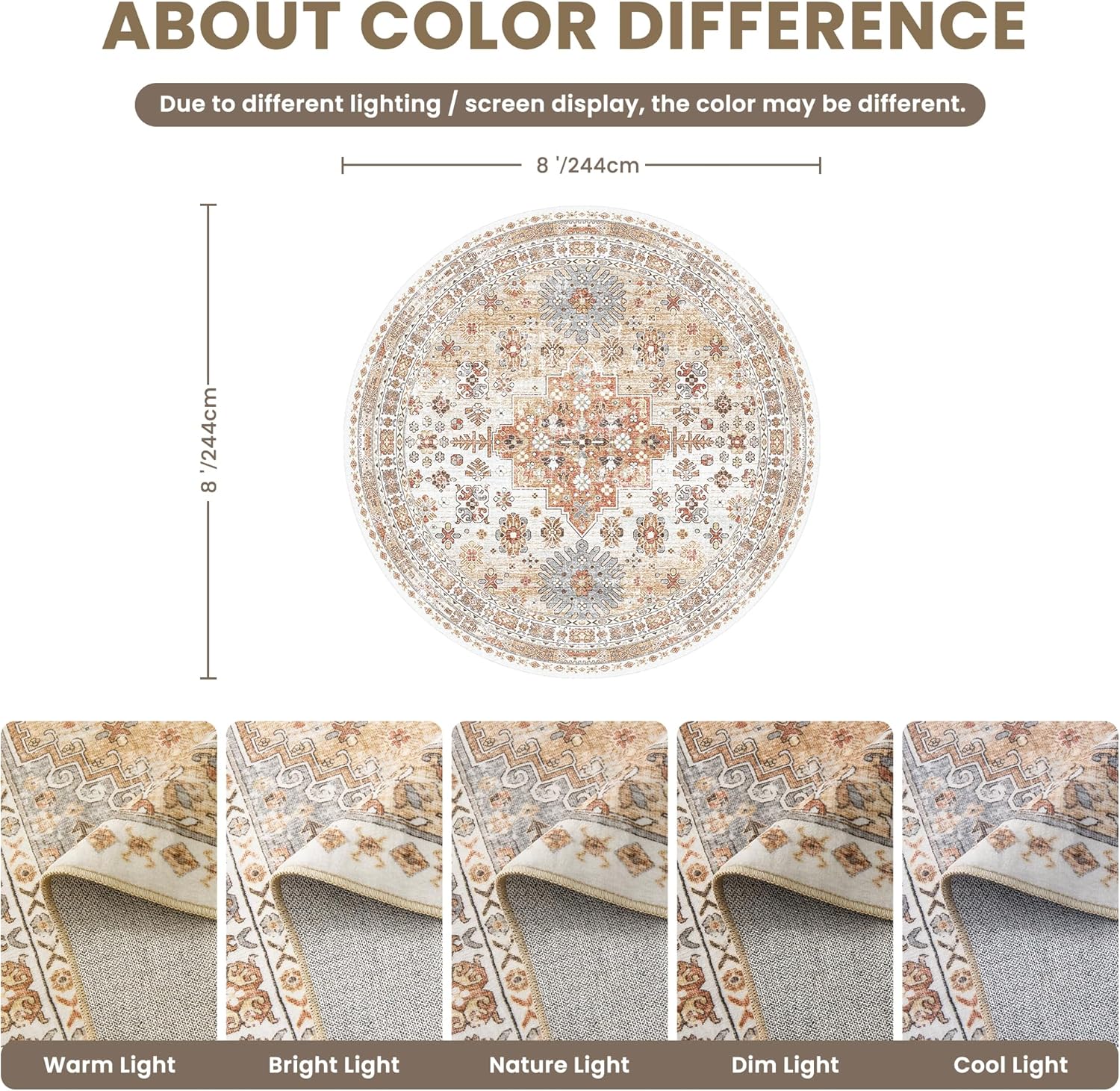 zesthome 8ft Round Rugs for Living Room, Non-Slip Washable Round Area Rugs, Ultra-Thin Large Circle Rugs, Soft Low Pile Rug for Bedroom, Kitchen - Vintage Stain Resistant Round Rug (Orange,8'x8') Orange 8' (Round)