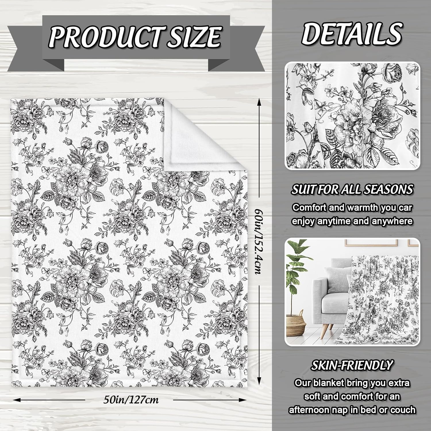 JarThenaAMCS Floral Fuzzy Blanket Black Flower Throw Blanket Vintage Chinoiserie Soft Cozy Flannel Blanket for Home Bed Sofa Couch Chair, 50 x 60 Inch - Image 2