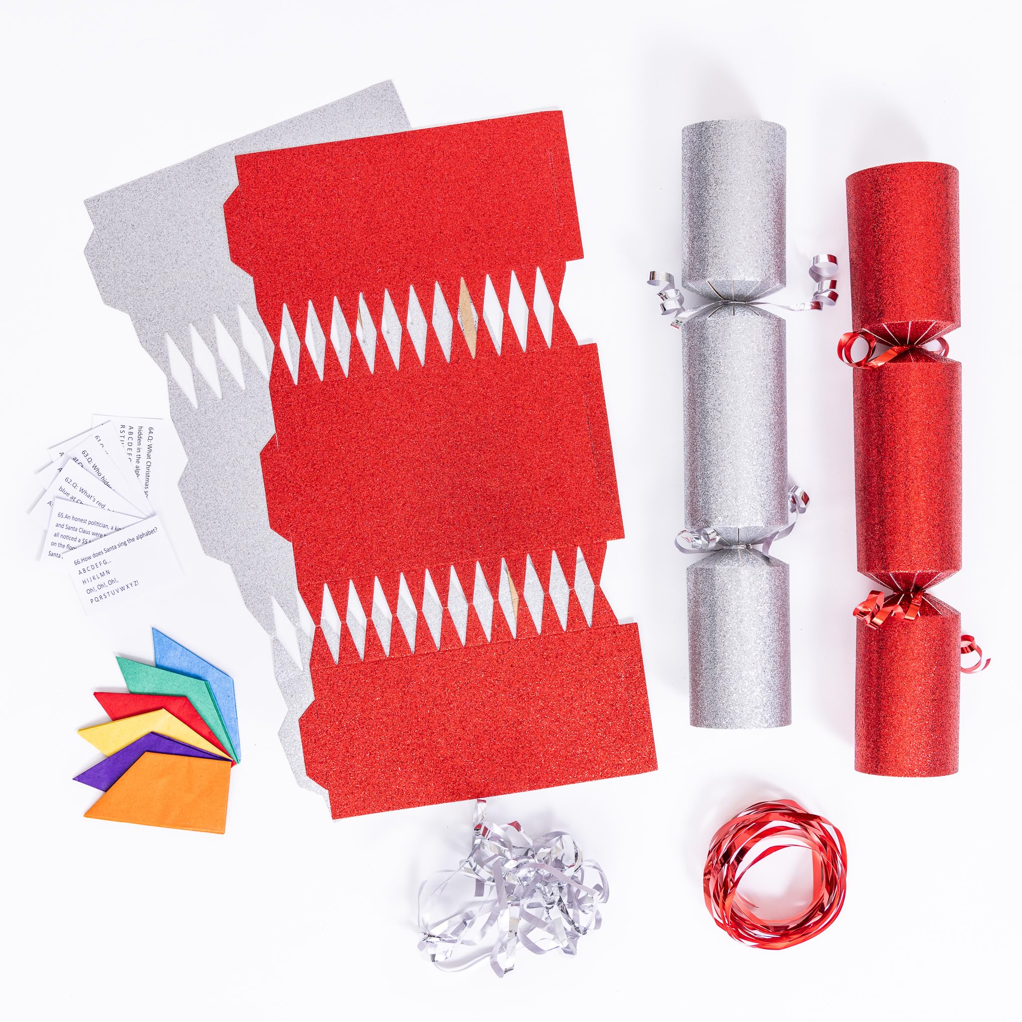 Evelay Red, Silver 12 Make Your Own Christmas Cracker Kit Diy Red & Silver Glitter Crackers Hats Snaps Jokes (Red, Silver)