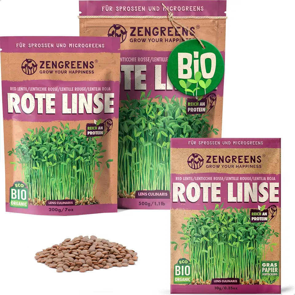 Linsensuppe Grundrezept – mit Tipps für Abwandlungen 5 ZenGreens® - Bio Rote Linsen Samen - Wähle zwischen 10g, 200g und 500g - Rote Linsensamen mit Keimrate von über 97% - Keimsprossen - Bio Linsen zum Sprossen ziehen - wiederverschließbare Verpackung
