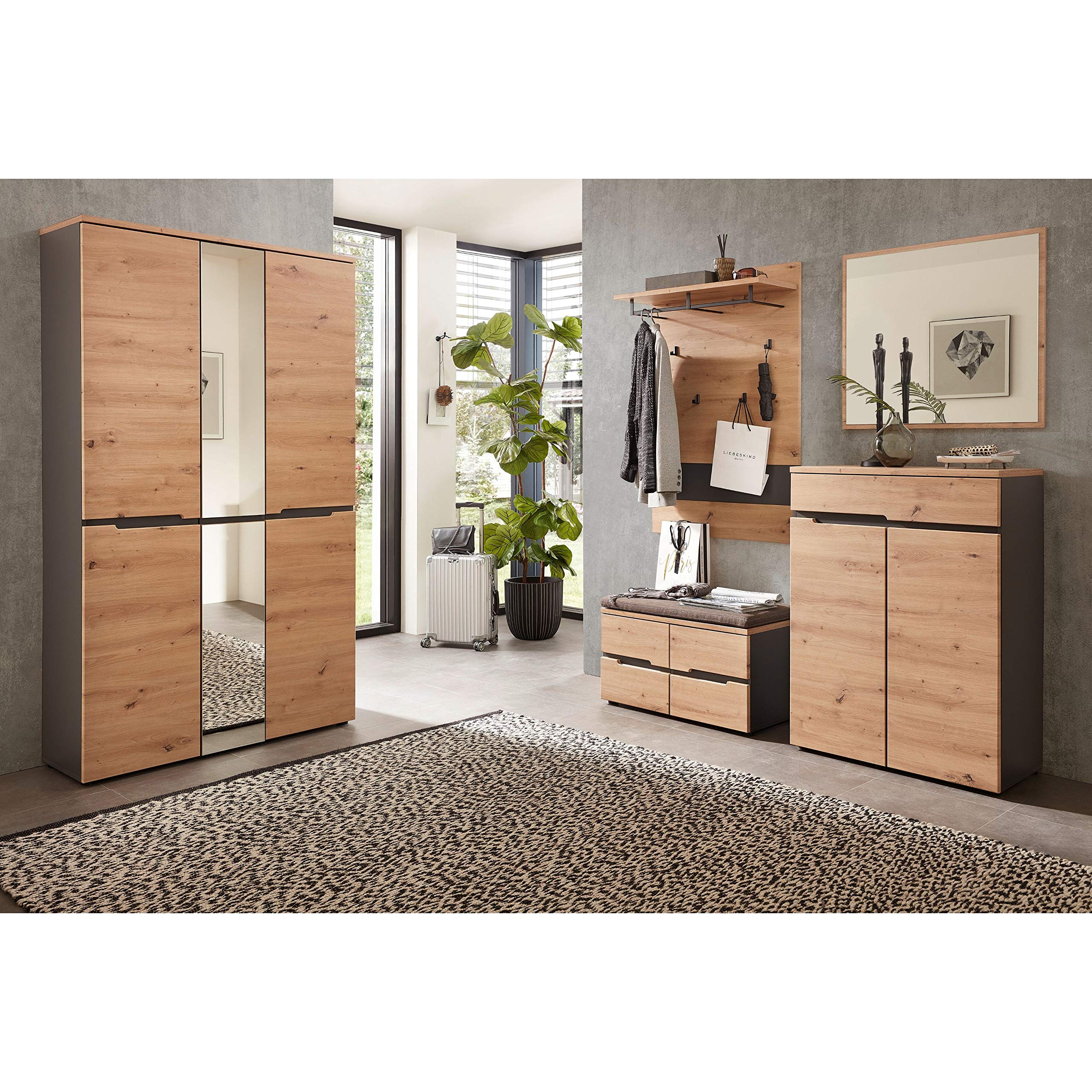 Stella Trading Garderobenpaneel in Artisan Eiche Optik Graphit - Moderne Hutablage & zuverlässige Wandhaken für Jacken & Taschen - 80 x 118 x 30 cm (B/H/T) | Wandgarderobe für den Flur mit 4 Wandhaken aus Metall, Ablageboden und integrierter Kleiderstange