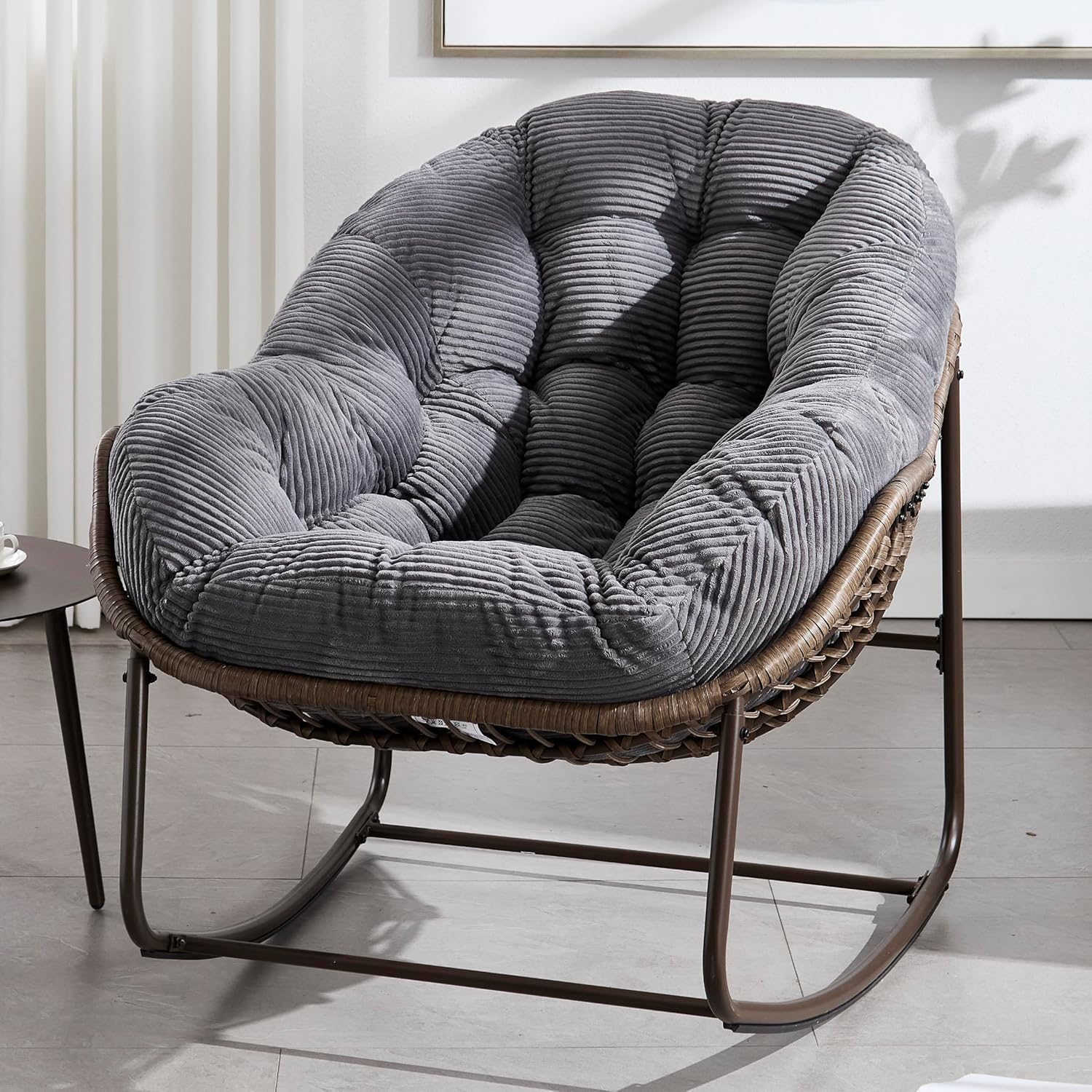 KEIKI Oversized Patio Lounge Chair-Outdoor Rattan Egg Reading Chair, Indoor Padded Cushion Papasan Rocking Chair W/Steel Frame, Porch Rocker Chairs Furniture for Garden Lawn, Blue Spun-Polyester