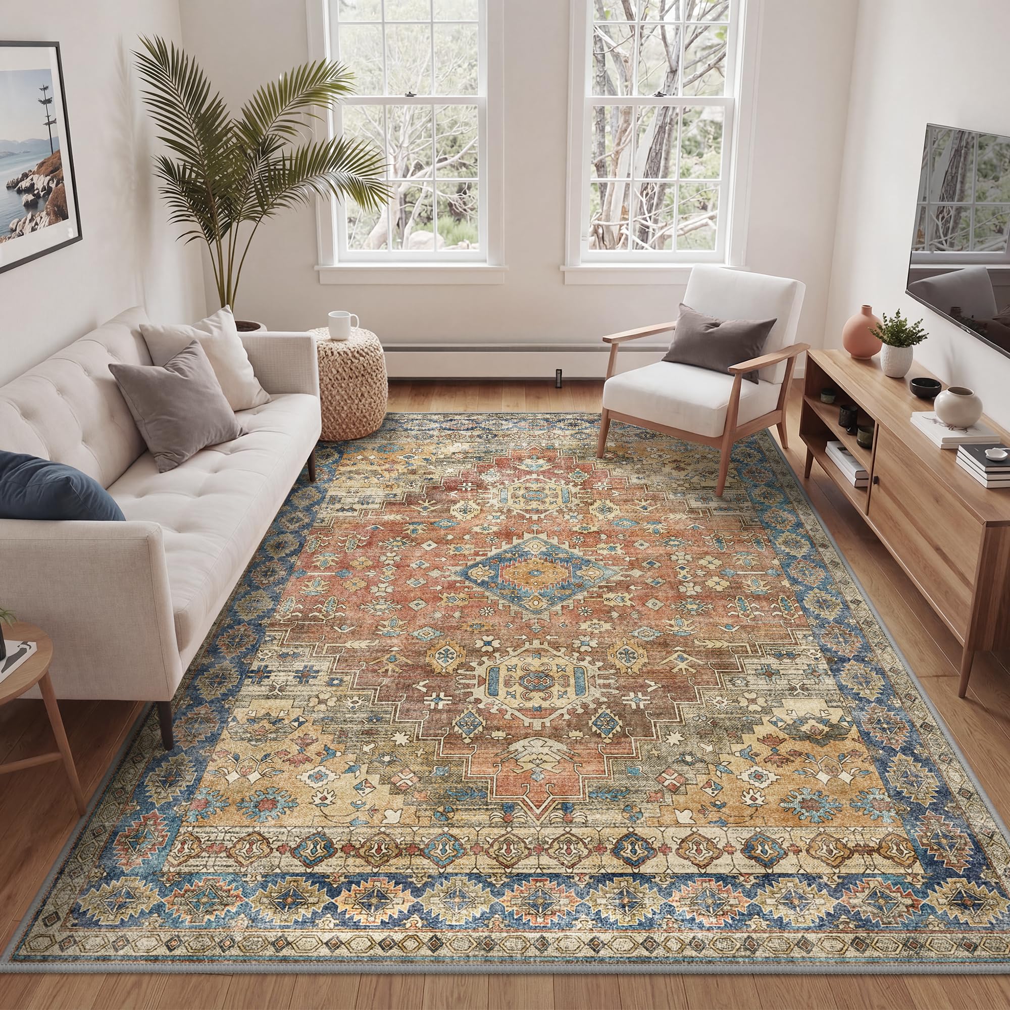BEIMO Large Area Rug 200x290cm, Washable Non Slip Low Pile Indoor Carpet for Living Room Bedroom, Traditional Distressed Rusty Red โ image 1