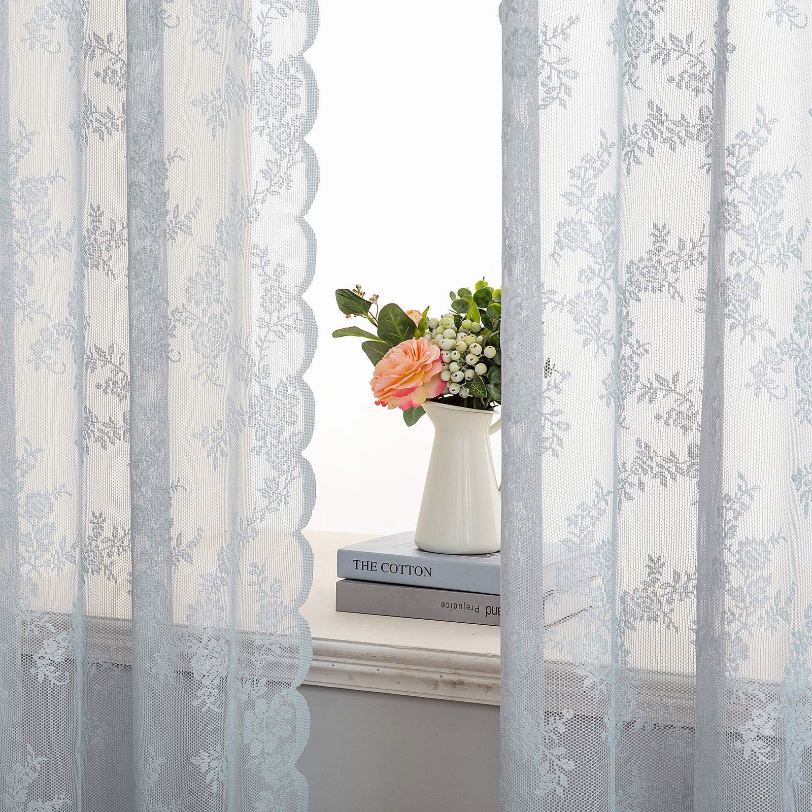 MIULEE Tende di Pizzo-Tende Grigio Chiaro per Finestre in Pizzo Trasparente Ricamate Floreali per Camera da Letto Soggiorno, Tenda Ricamate con Occhielli, 2 Pezzi Tenda, 2 X150x245cm(LxA)
