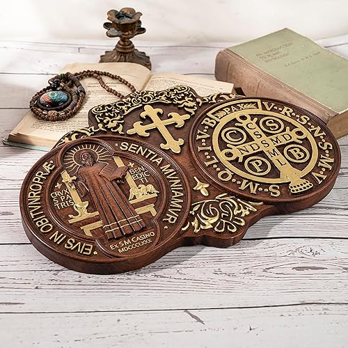 Miniatura 7 de bgcarpenter Wooden Saint Benedict Plaque, St Benedict Medal Wall Decor Wall Art, Handmade Wall Hanging Sign, Religious Wall Plaque for Living Room
