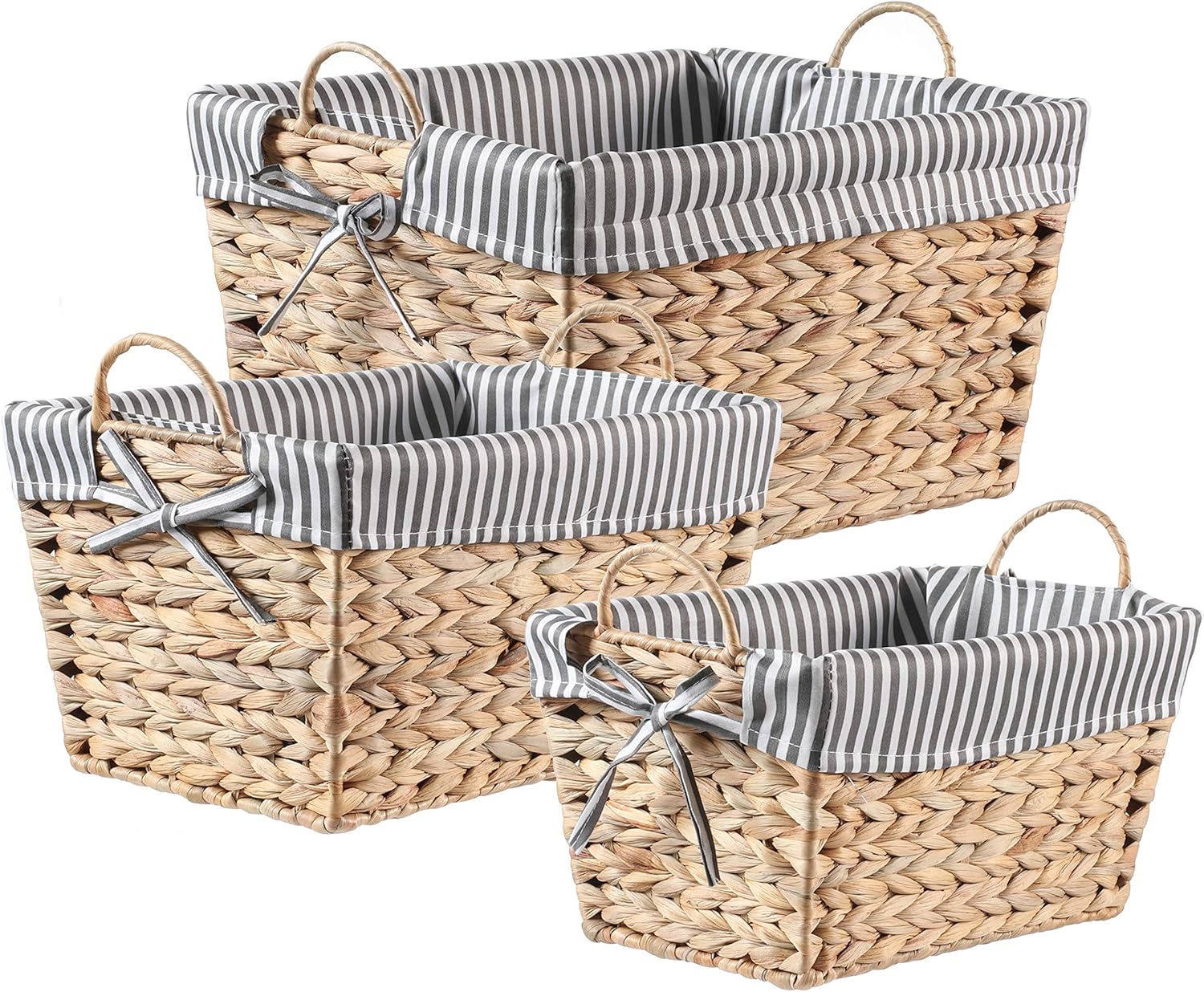 Handmade Water Hyacinth Wicker Baskets, Utility Storage Organizers With Removable Liner (Set of 3, Jumbo: 16.9"x12.2"x9.1", Large: 15"x10.2"x7.9", Medium: 13"x8.3"x6.7", Beige + Gray/White)