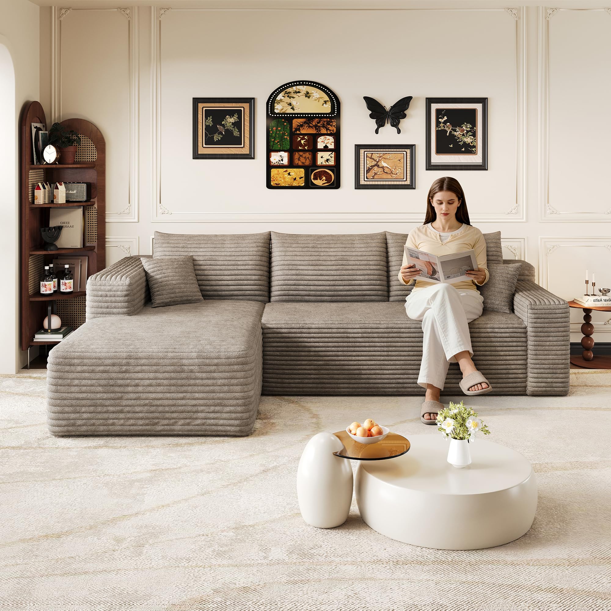 Moderne canapé d'angle Convertible, 239 cm canapé compressé avec méridienne en Forme de L, canapé d Angle modulaire rembourré à Assise Profonde pour Salon(Camel, Angle à Gauche)