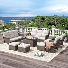 Brafab 7-Seat Swivel Recliner Sofa Set with 44" Propane Fire Pit Table, Adjustable Ergonomic Backrest & Footrest for Patio Conversation and Backyard Gathering, Beige