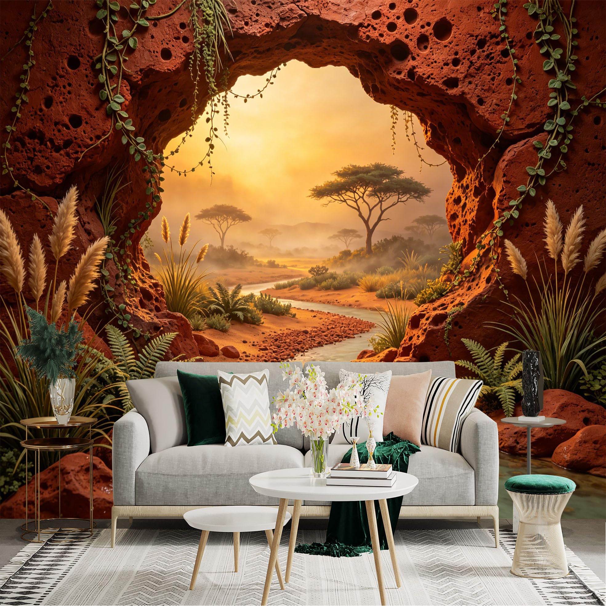 Custom Size Wall Sticker Mural， Sunset Desert Landscape with River， Red Rocks and Acacia Trees， for wall Decoration， peelandstick wall Decals.