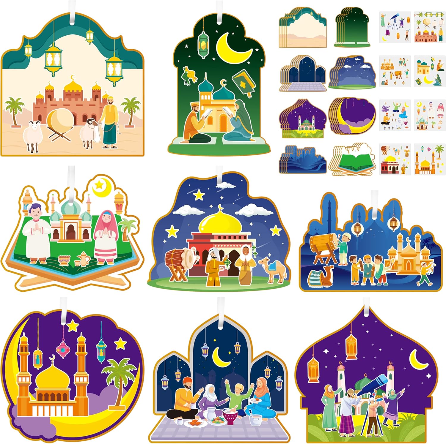 WATINC Ramadan Stickers Craft Gifts for Kids 123pcs Eid Mubarak Kareem Mosque Scene Sticker Hanging Ornament Kit, Make Your Own Al-fitr Scene Decal, DIY Religious Art Label for Home School Classroom