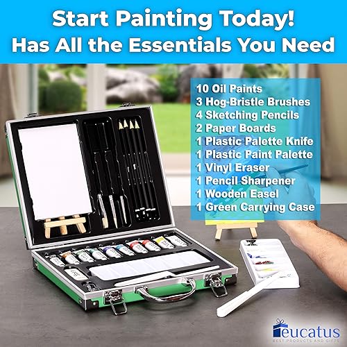 Miniatura 7 de Todo en uno, apto para viajes, juego de arte de pintura al óleo de 25 piezas. Incluye pinturas, pinceles, caballete de mesa, paleta y accesorios en
