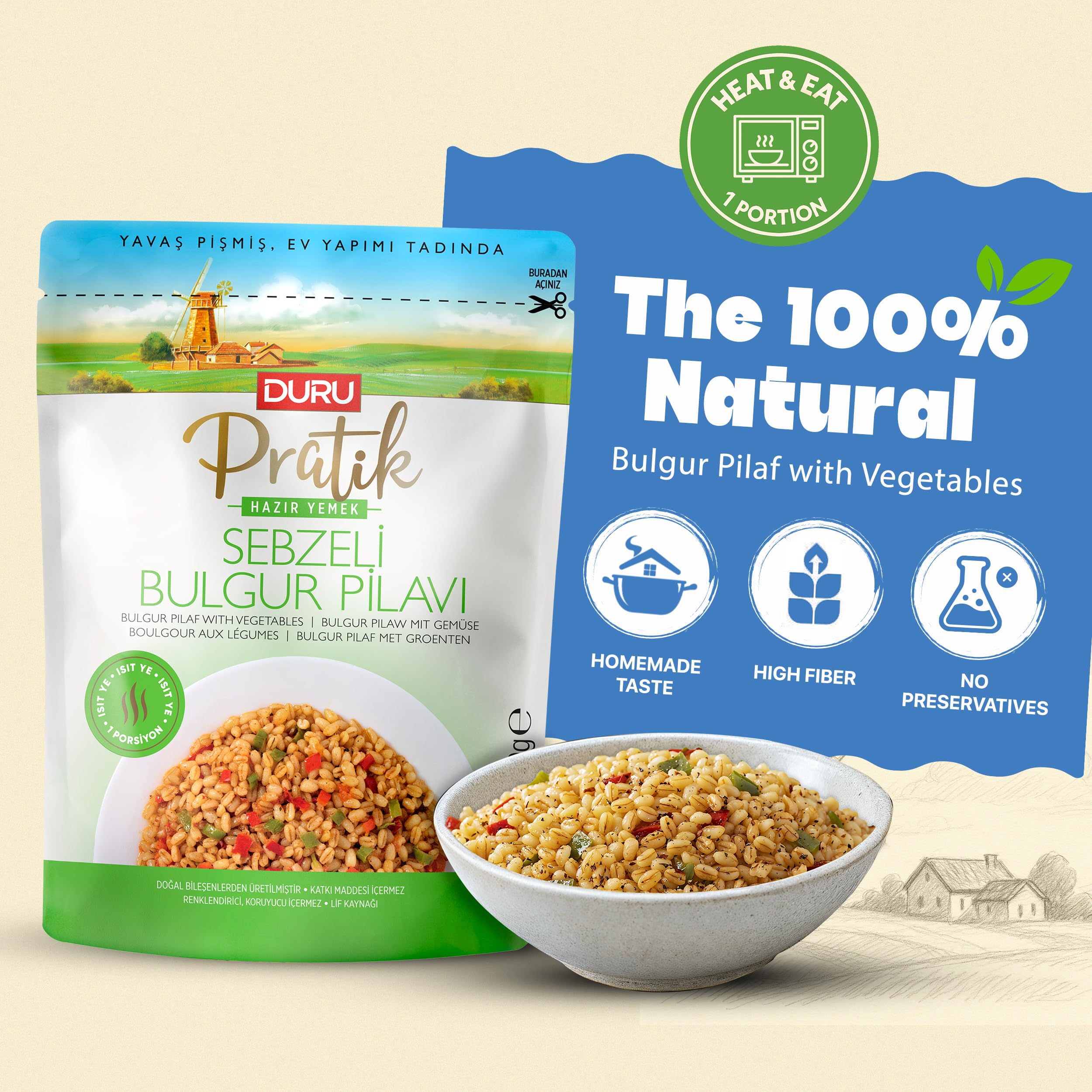 Duru Ready Bulgur Pilaf with Vegetables, 250g x 4 Pack – Heat & Eat, 100% Natural, Non-GMO, BPA Free, No Trans Fat, No Preservatives