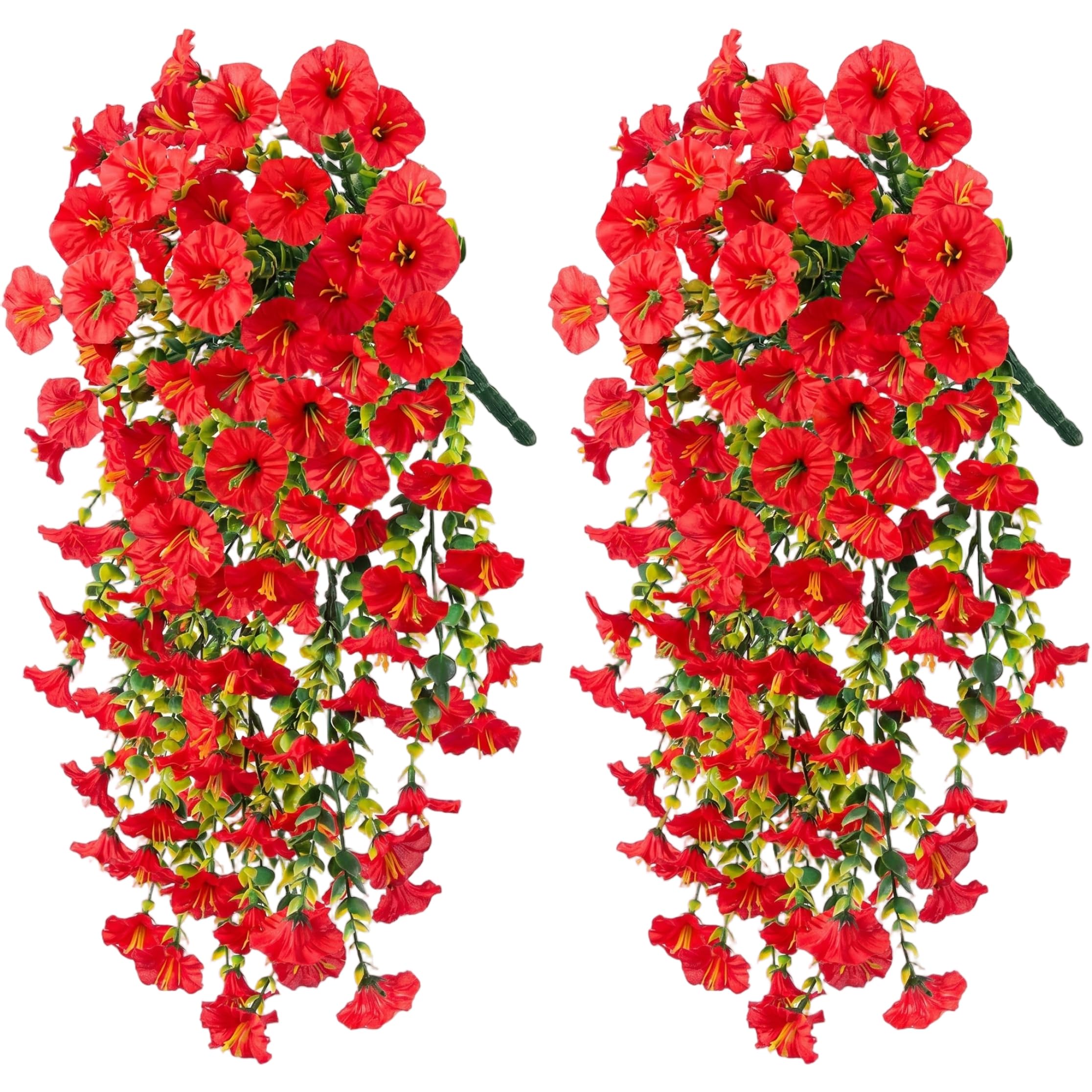 Xoeryoy 2 Pack Artificial Petunias, Artificial Hanging Flowers With Eucalyptus, Uv-resistant Faux Vines For Porch Garden Decor, Red