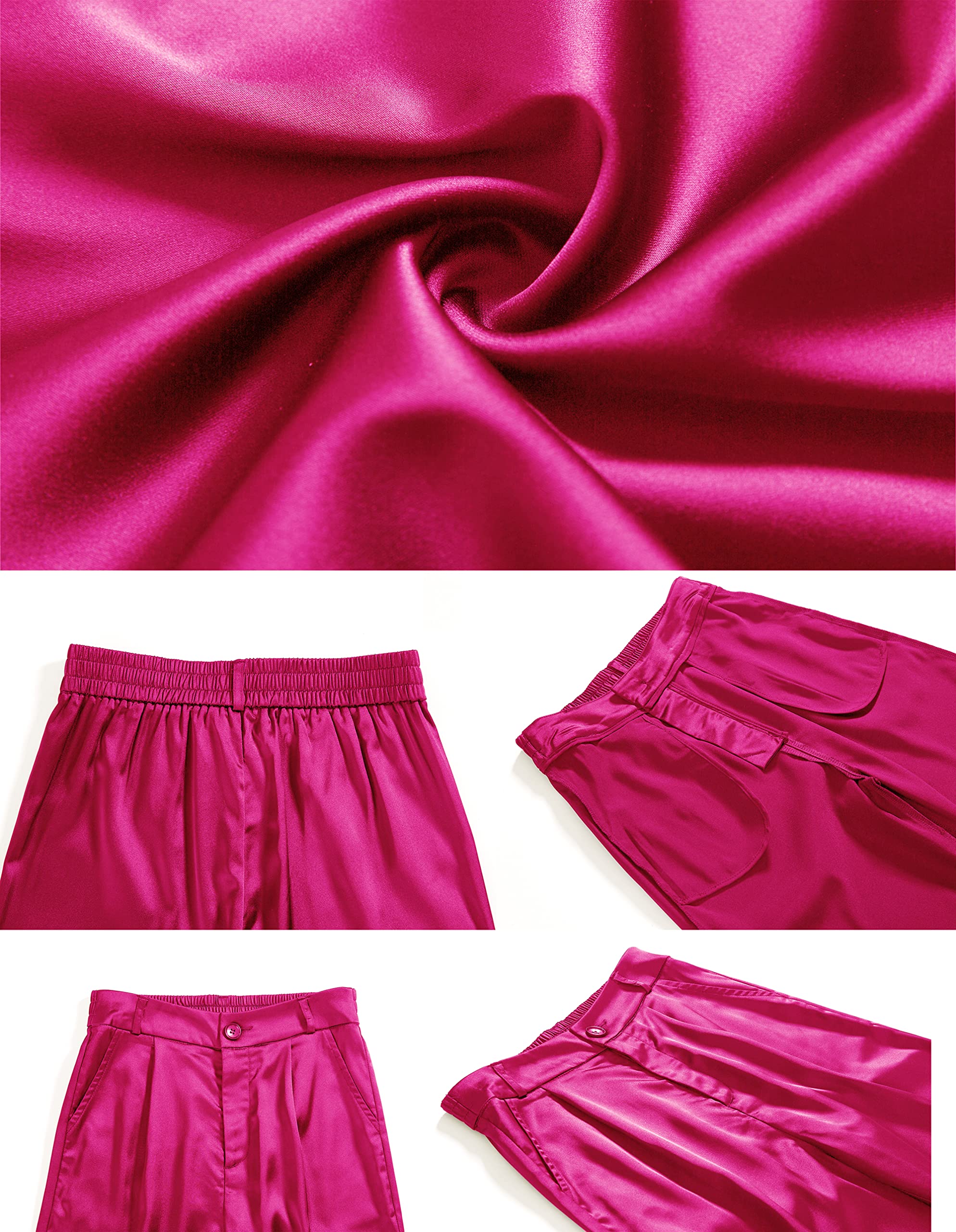 heipeiwa Pantalones de satén para mujer, estilo informal, plisados, de cintura alta, con bolsillos