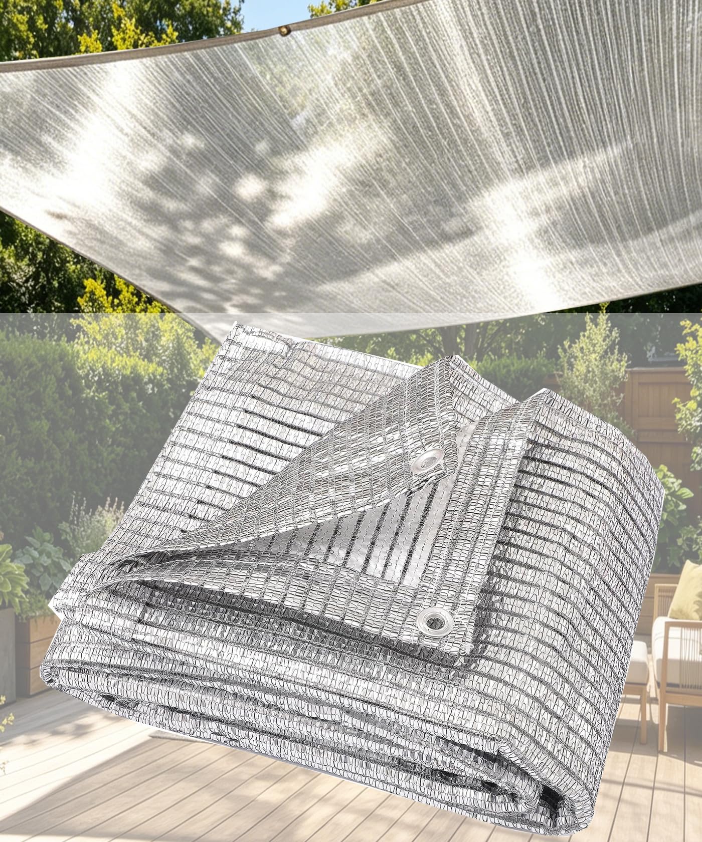 65% aluminium, tkanina zacieniająca z przelotkami, siatka, blokada przeciwsłoneczna, osłona z tkaniny, baldachim, odbijający słońce, cień dla zwierząt domowych, do ogrodu, biały/czarny, 4 m x 5,9 m