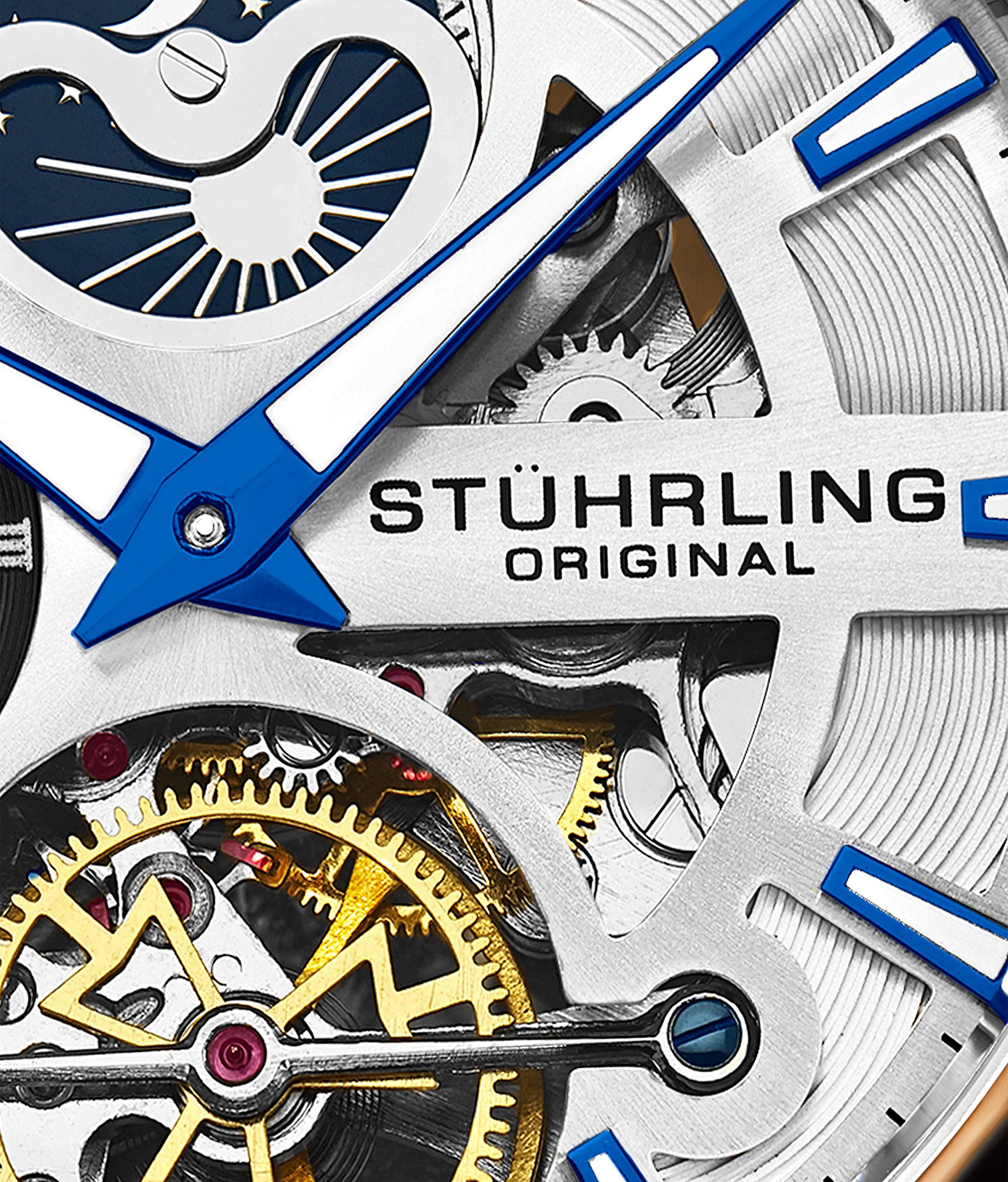 Stuhrling Original Skeleton Dress Analoguhr für Herren, automatische mechanische Armbanduhr, vergoldet/Edelstahl, Armband aus echtem Kalbsleder