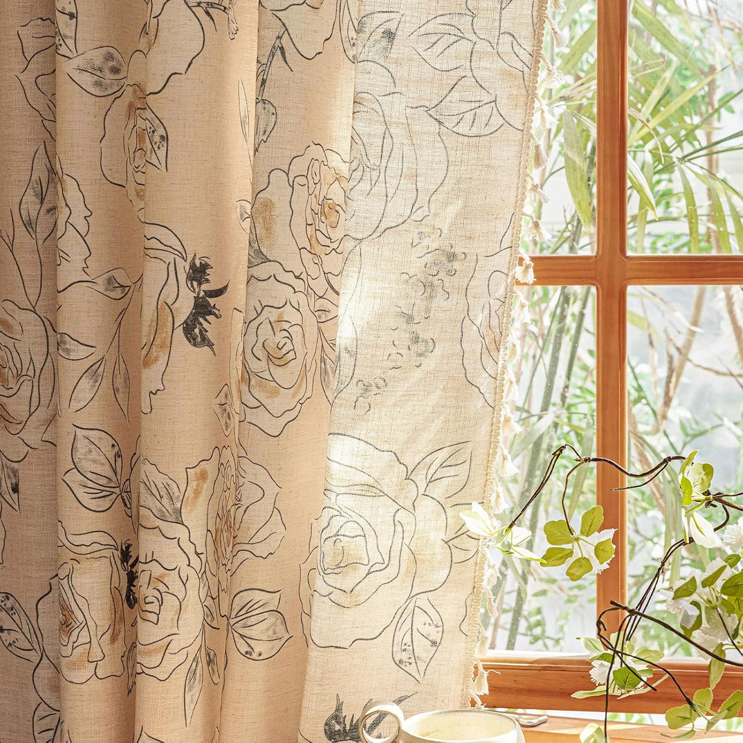 ENJOYBRIDAL Floral Curtains 63 Inches Long 2 Panels Set Coquette Rod Pocket Drapes Short Boho Bedroom Semi Sheer Window Curtain Panels Farmhouse Living Room Rose Decorations Tassel Window Treatments