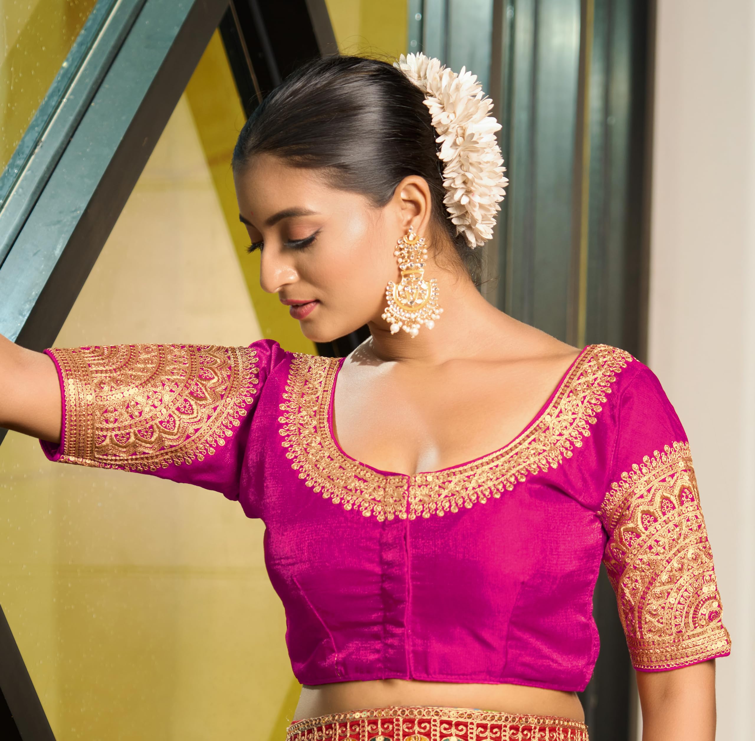 Pujia Mills Women's Readymade Blouse Embroidery Multi Coding Dull Golden Sequence Work Indian Ethnic Designer Stitched Readymade Saree Half Sleeve Pink Blouse For Women For Saree Lehenga Choli